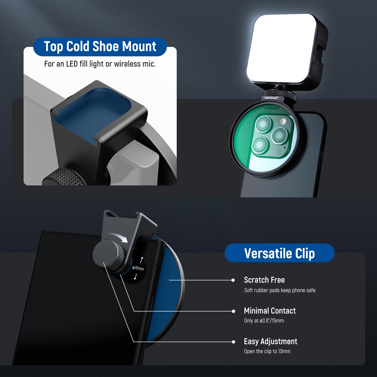NEEWER 67mm 1/4 Black Diffusion Filter & Cold Shoe Phone Mount with Carrying Pouch & Lens Cloth - Compatible with iPhone 15 Pro Max/14 Pro Max/13 Pro Max & Galaxy S24 - Perfect for Vlogging, Filmmaking & Photography