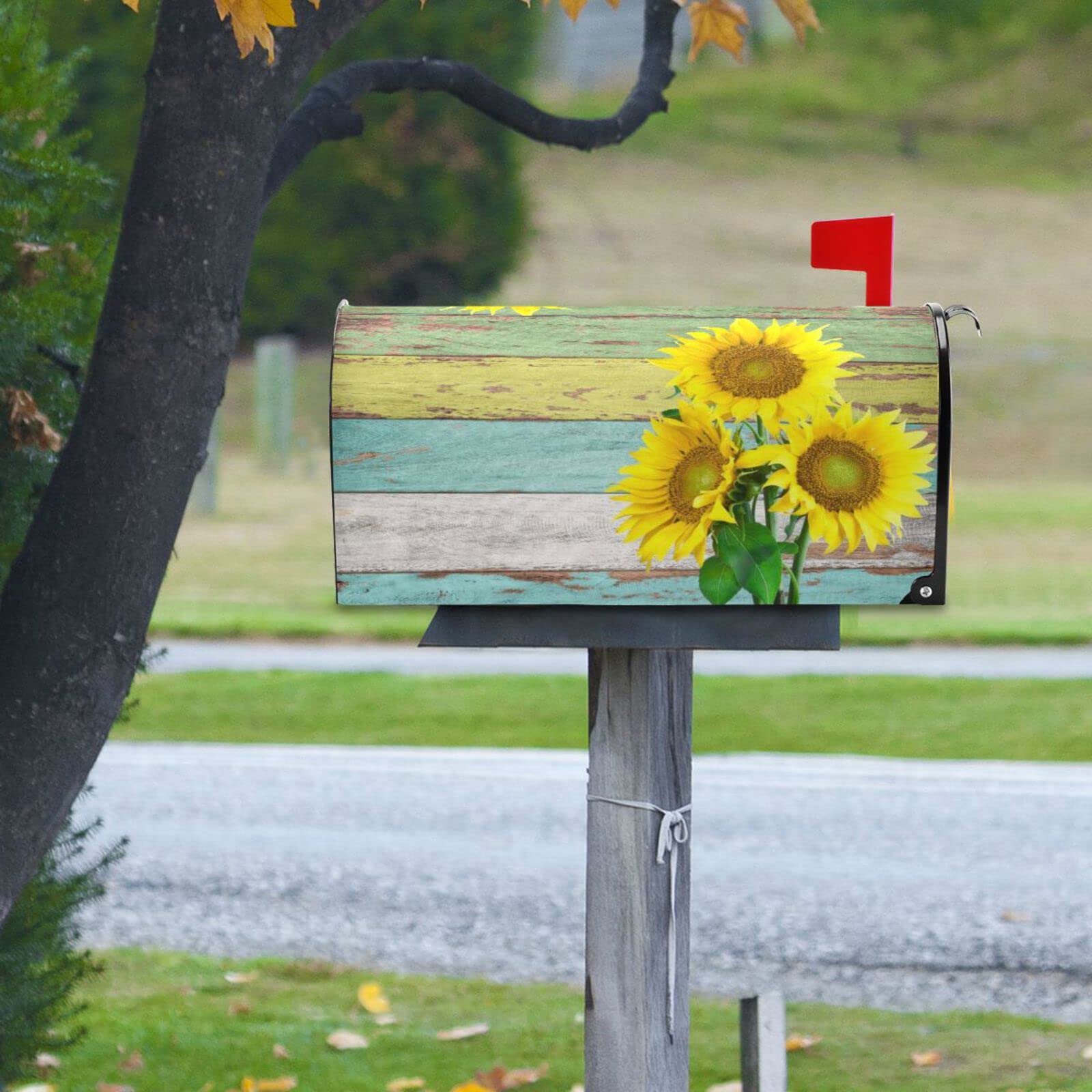 Magnetic Mailbox Cover - 25.5 x 21 Inch Sunflower Wood Grain Wrap for USPS Mailbox - Weatherproof Decorative Protection for Home, Garden & Front Yard