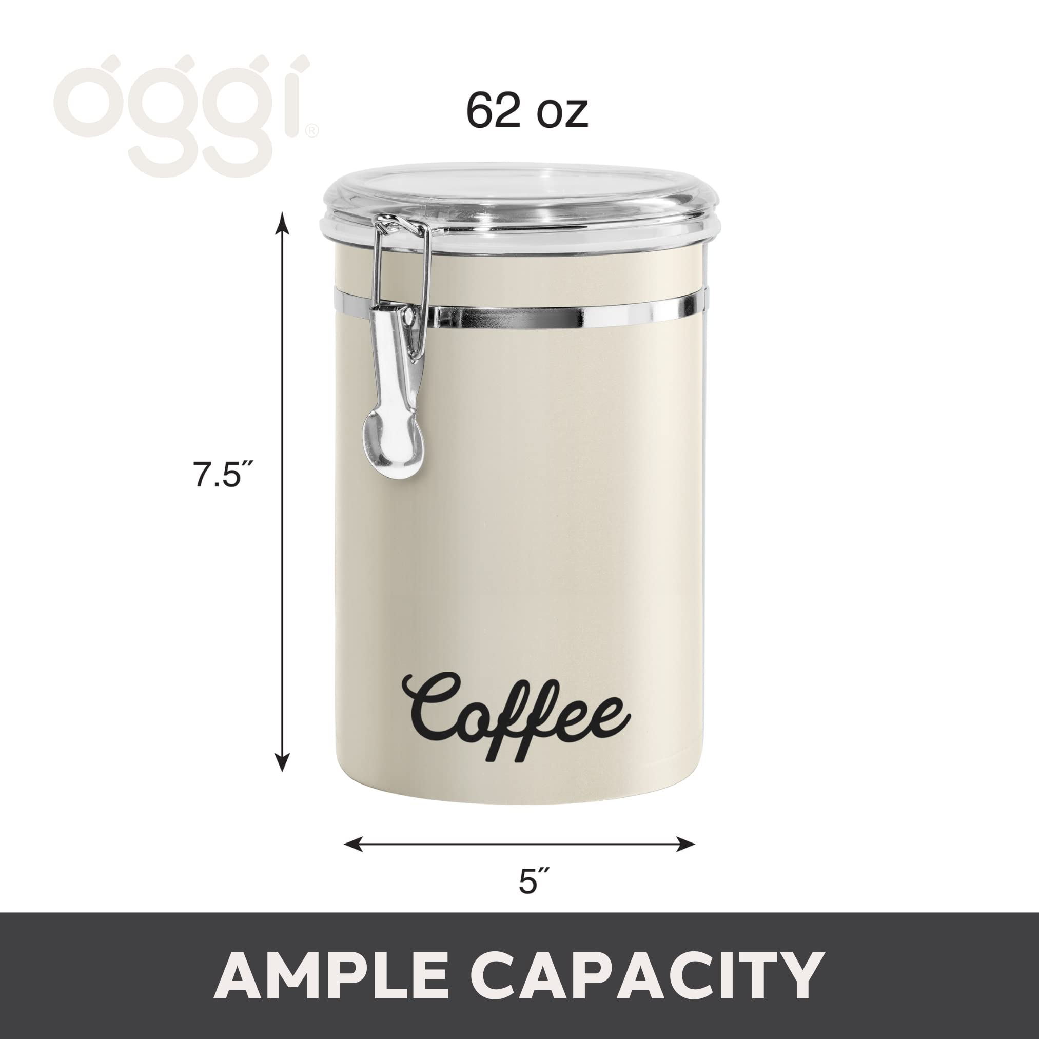 Oggi 62oz Airtight Stainless Steel Coffee Canister with See-Through Lid - Perfect for Storing Coffee Beans, Ground Coffee, Tea & Kitchen Pantry Organization - Ideal for Home, Office & Coffee Shop Use