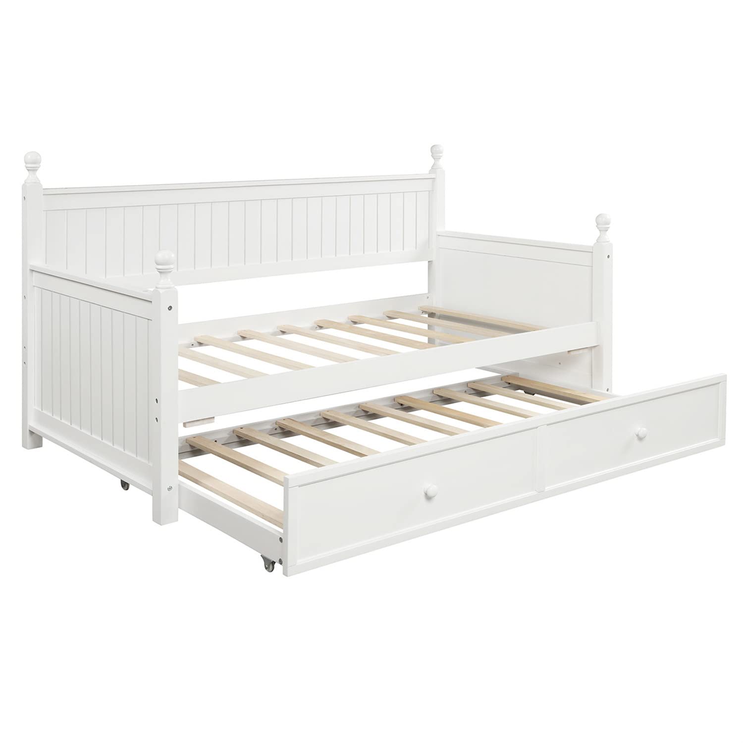 Twin Daybed with Trundle - Solid Wood Daybed Frame for Living Room & Bedroom - Convertible Sofa Bed for Kids, Guests & Sleepovers - Twin Size White - Perfect for Small Spaces & Overnight Visitors