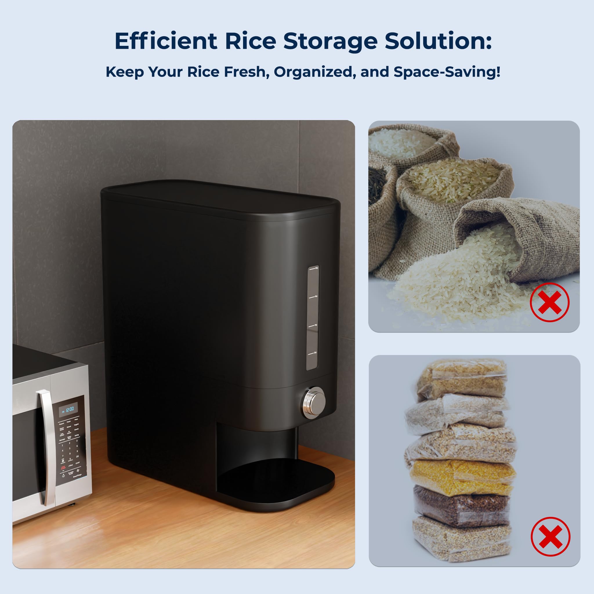 STUZ 25lbs Black Rice Dispenser - BPA-Free Plastic Grain Storage Container with Airtight Lid, Measuring Cup & Cleaning Sponge - Perfect for Kitchen Pantry Organization of Rice, Cereal, Beans, Corn & Dry Food Storage | Ideal for Meal Prep, Bulk Food Storage & Organized Kitchen Spaces