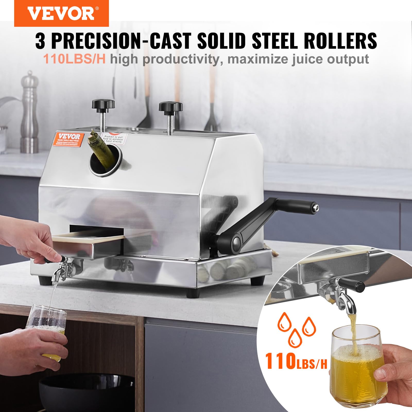 VEVOR Commercial Sugar Cane Juicer Machine - 110LBS/H High Output with 3 Stainless Steel Rollers, 2.4