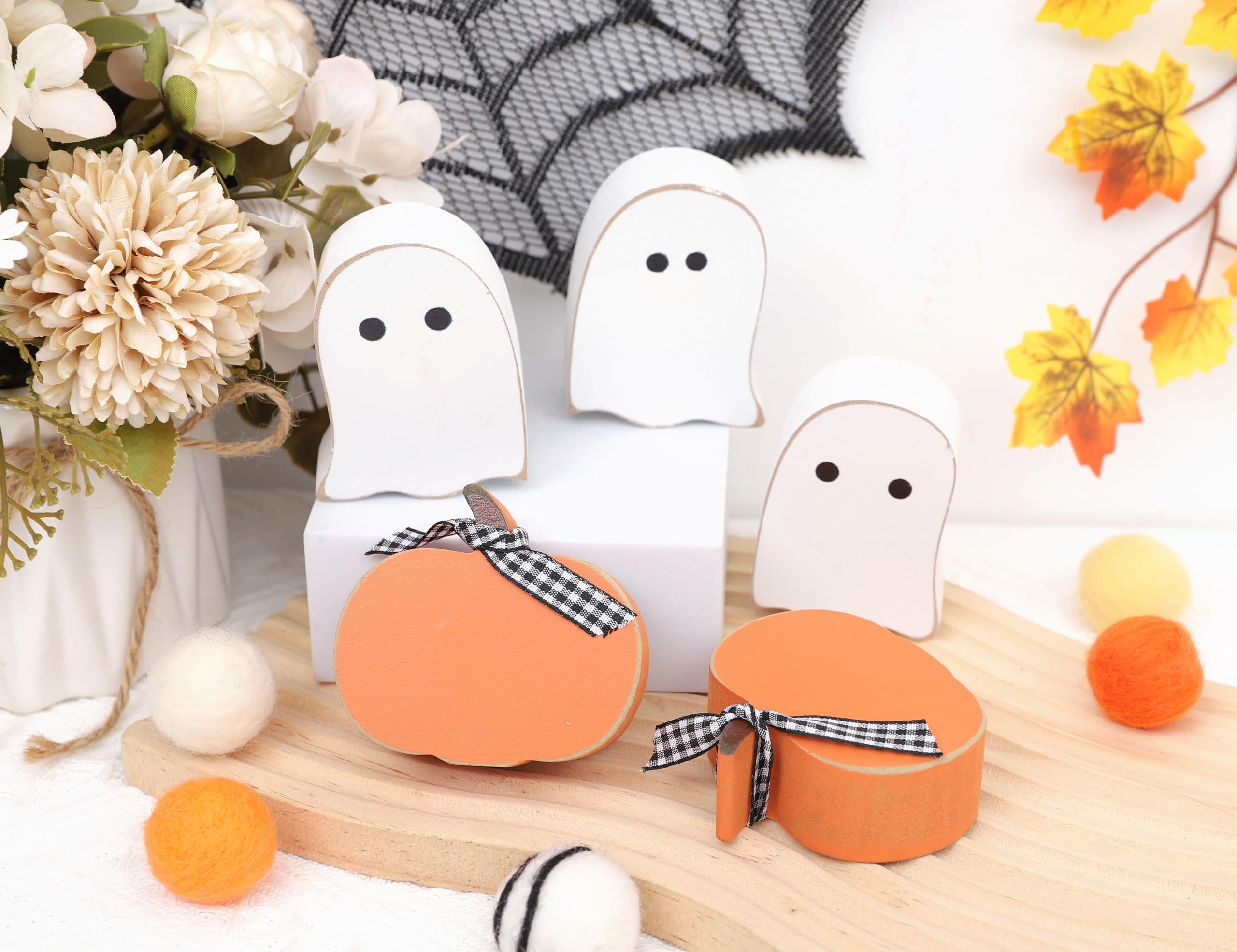 Spooky Halloween Wooden Pumpkin & Ghost Decorations - Mini Fall Party Decor, Tiered Tray Accents & Photo Props for Halloween, Thanksgiving & Autumn Celebrations