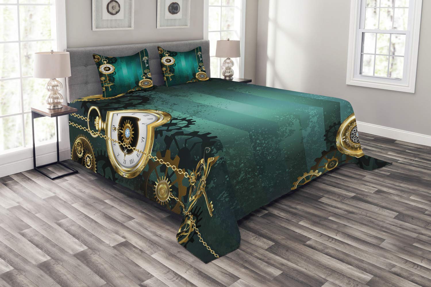 Ambesonne Industrial Steampunk Bedspread Set - King Size 3-Piece Bedding with Antique Watches, Keys & Chains Design, Multicolor - Perfect for Gothic, Vintage & Industrial Themed Bedrooms