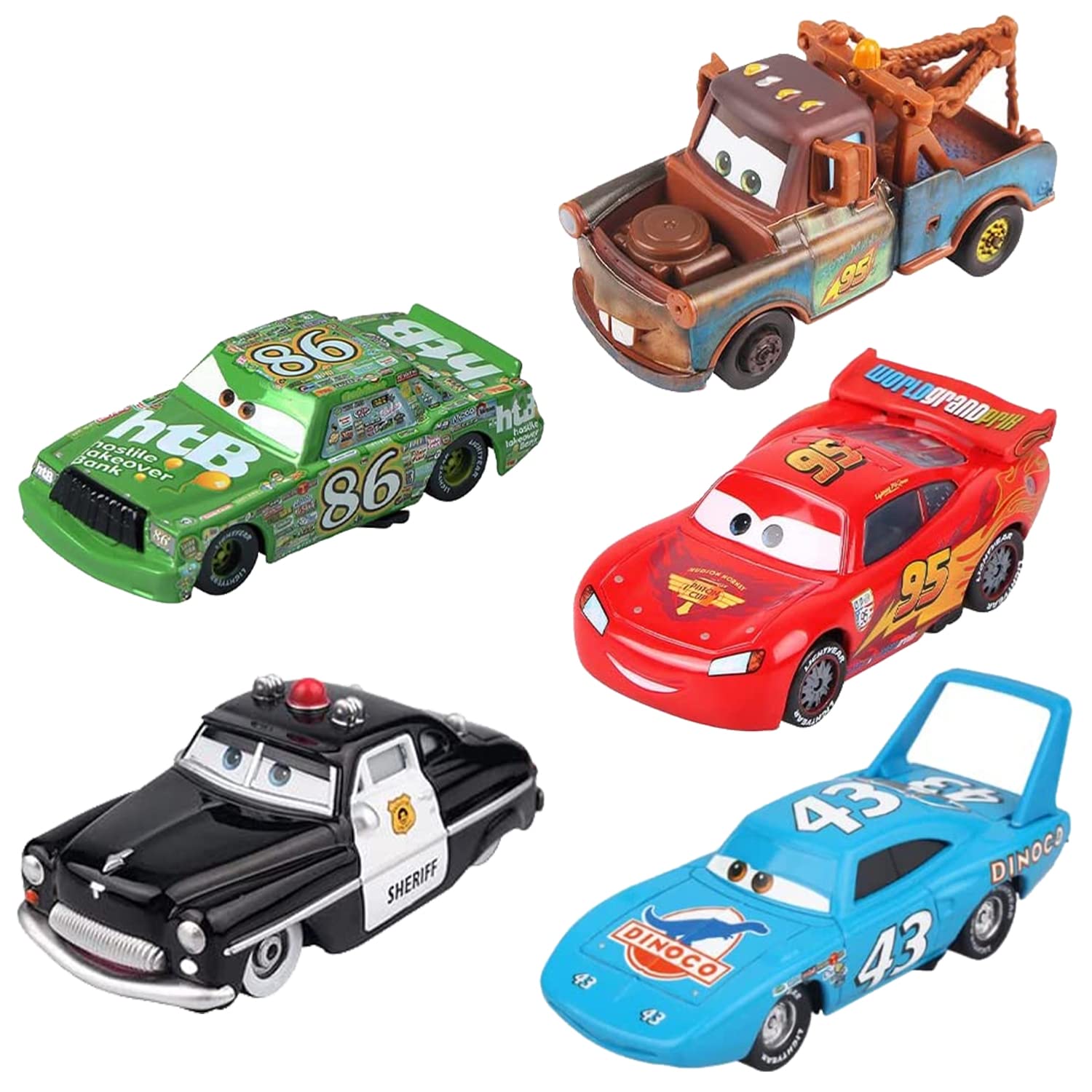 Disney Pixar Cars 3 Diecast Toy Cars 5-Pack - Lightning McQueen, Mater, Chick Hicks, The King & Sheriff - 1:55 Scale Model Vehicles for Kids & Collectors - Perfect for Birthday Gifts, Playtime & Display