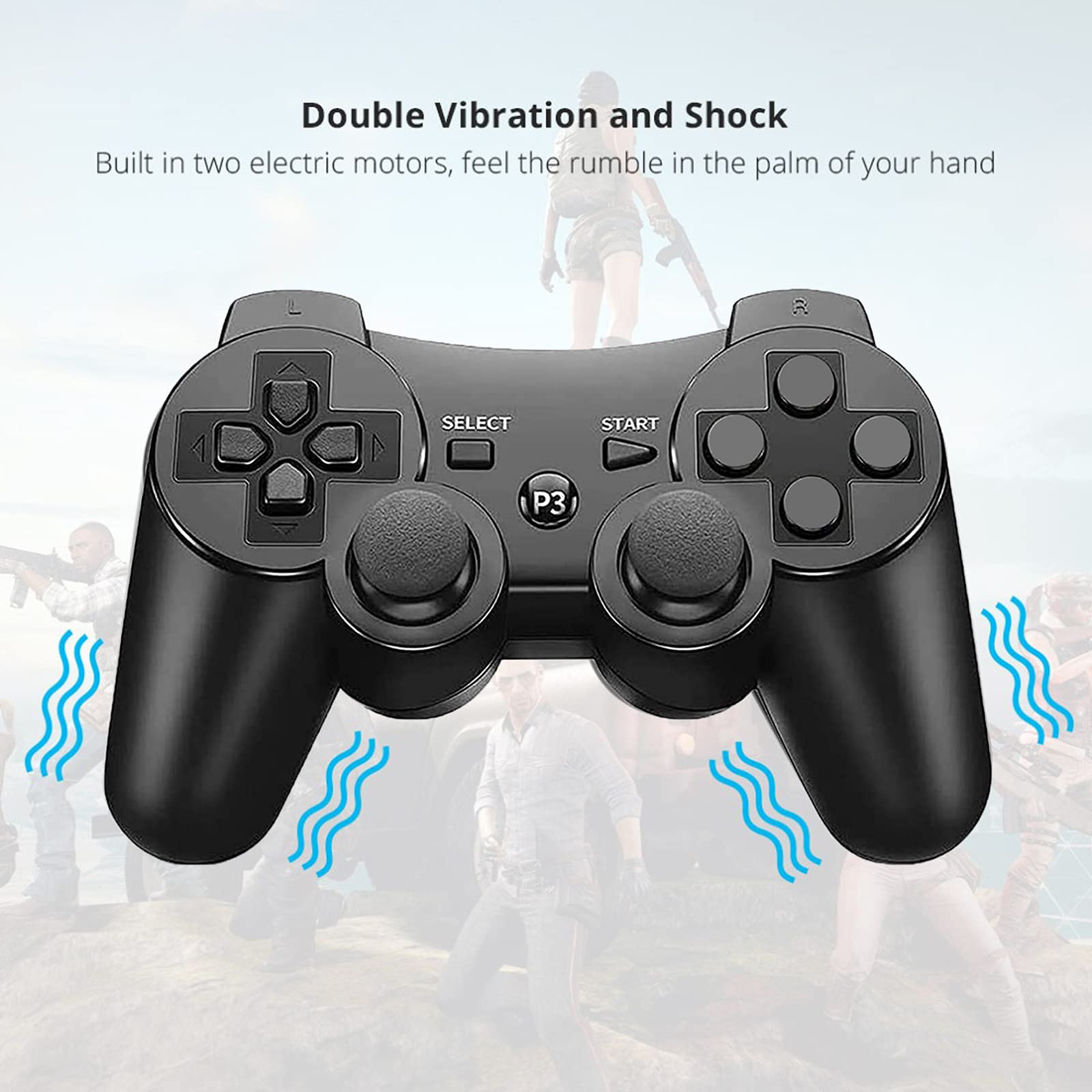 Hovlian Wireless PS3 Controller - Dual Vibration Gamepad Joystick for Playstation 3 with Charging Cable (2 Pack, Black) | Perfect for Multiplayer Gaming & Long Play Sessions