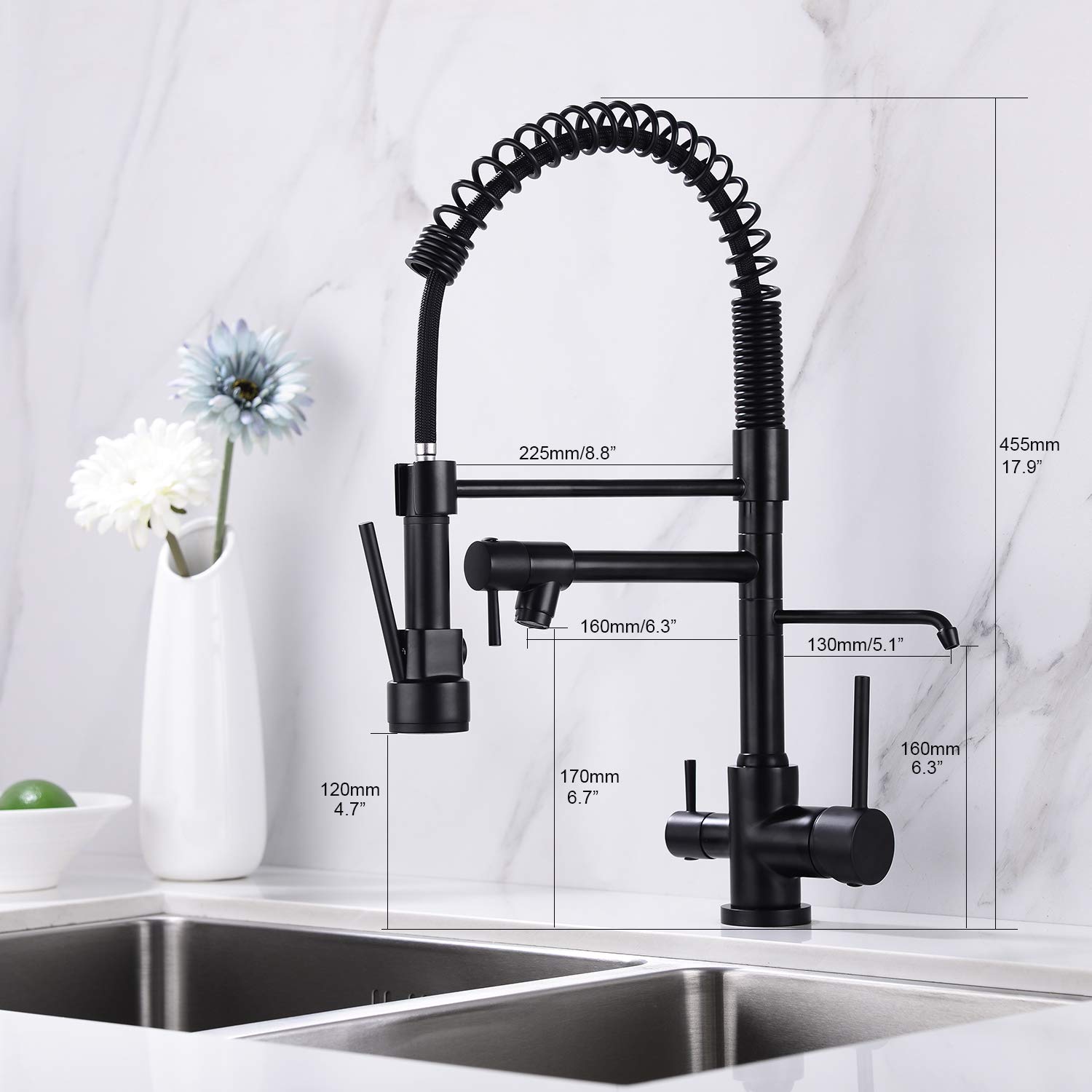 Delle Rosa 3-in-1 High Arc Kitchen Faucet with Pull Down Sprayer & Dual Handles - Matte Black Drinking Water Filter Faucet for Modern Kitchen Sink | Perfect for Cooking, Washing Dishes & Filtered Drinking Water