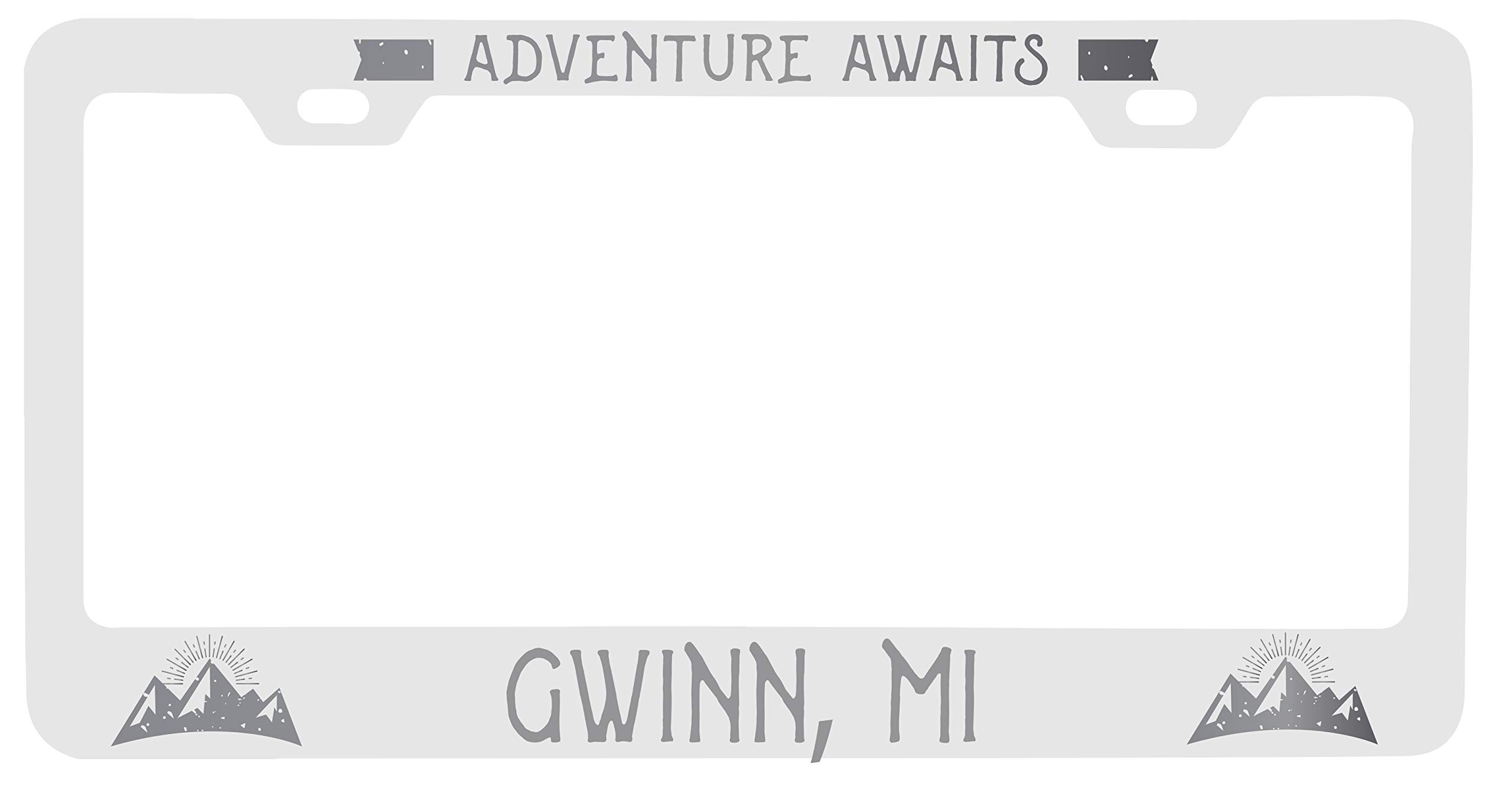 Gwinn Michigan Laser Engraved Metal License Plate Frame - 'Adventures Awaits' Design - Durable Car Accessory for Road Trips & State Pride
