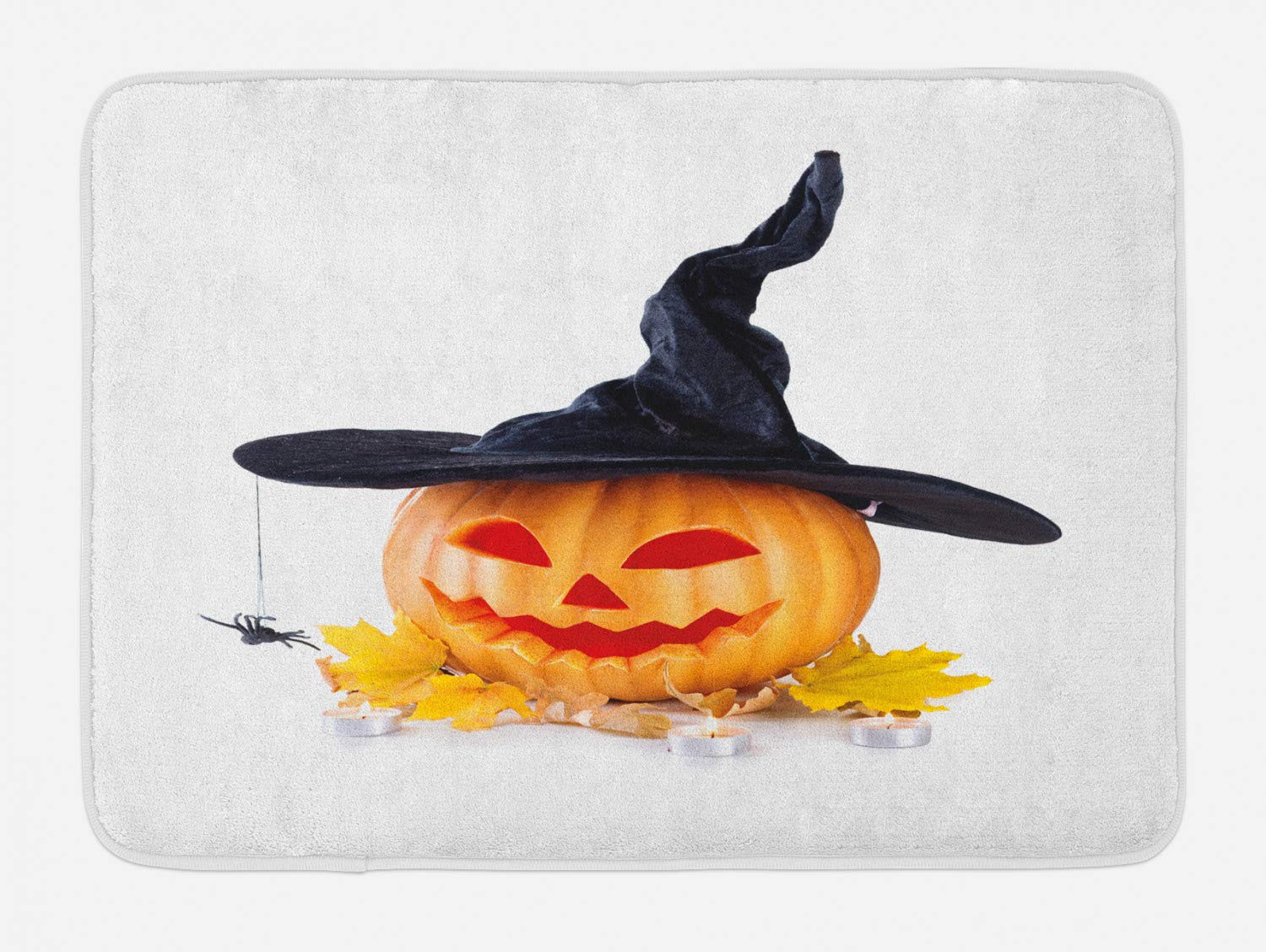 Ambesonne Halloween Bath Mat - Non-Slip Plush Carved Pumpkin with Witch Hat & Spider Design, 30.2x20 Inch, Marigold White Dark Grey - Perfect for Spooky Bathroom Decor, Halloween Party & Themed Home Accessories