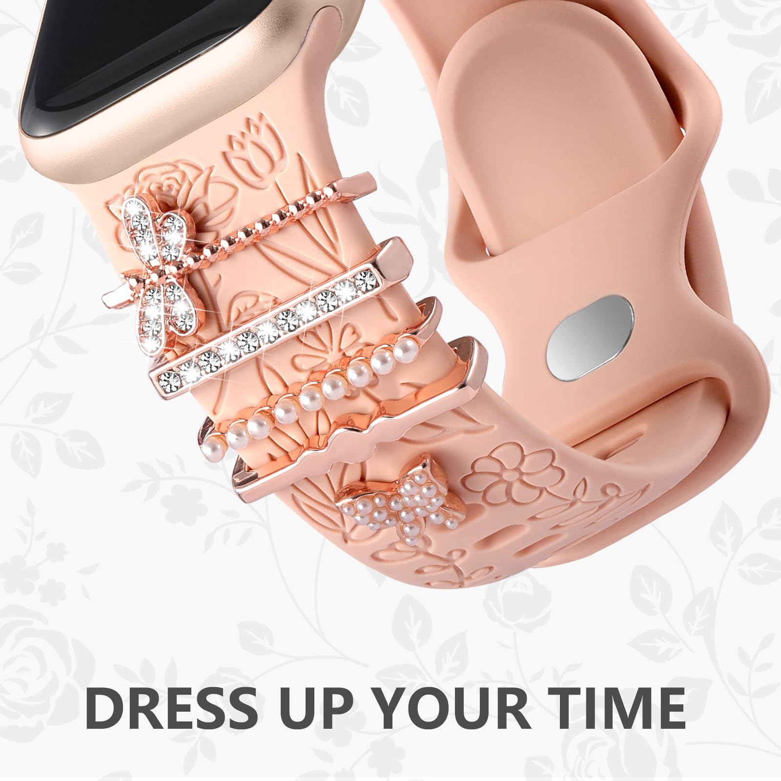 DaQin Floral Engraved Silicone Band Compatible with Apple Watch 38mm 40mm 41mm 42mm 44mm 45mm - Women's Fashion Strap with Charms for iWatch Series SE/1/2/3/4/5/6/7/8/9 - Perfect for Workouts, Office & Casual Wear