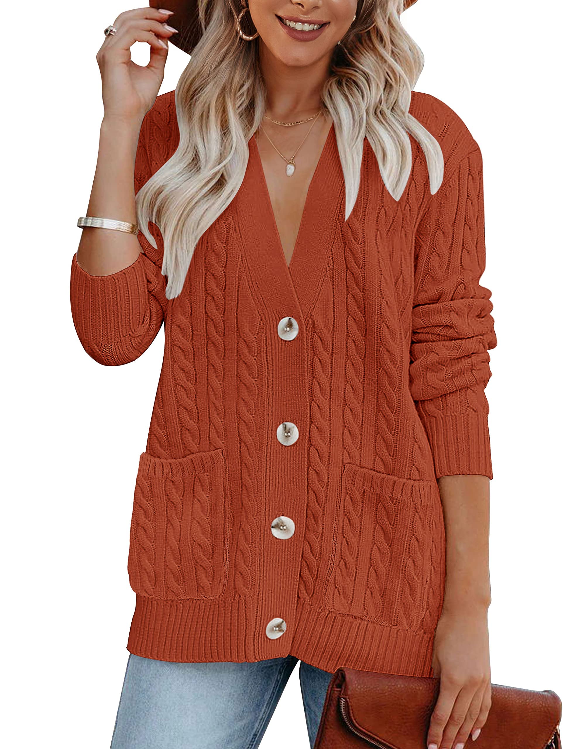 MEROKEETY Women's 2025 Long Sleeve Cable Knit Button Cardigan Sweater - Soft Open Front Coat with Pockets for Fall & Winter | Perfect for Office, Casual Outfits and Date Nights