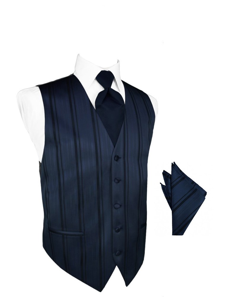 Midnight Blue Striped Satin Tuxedo Vest with Long Tie & Pocket Square Set | Formal Men's Wedding Suit Accessories | Perfect for Prom, Groom & Black Tie Events