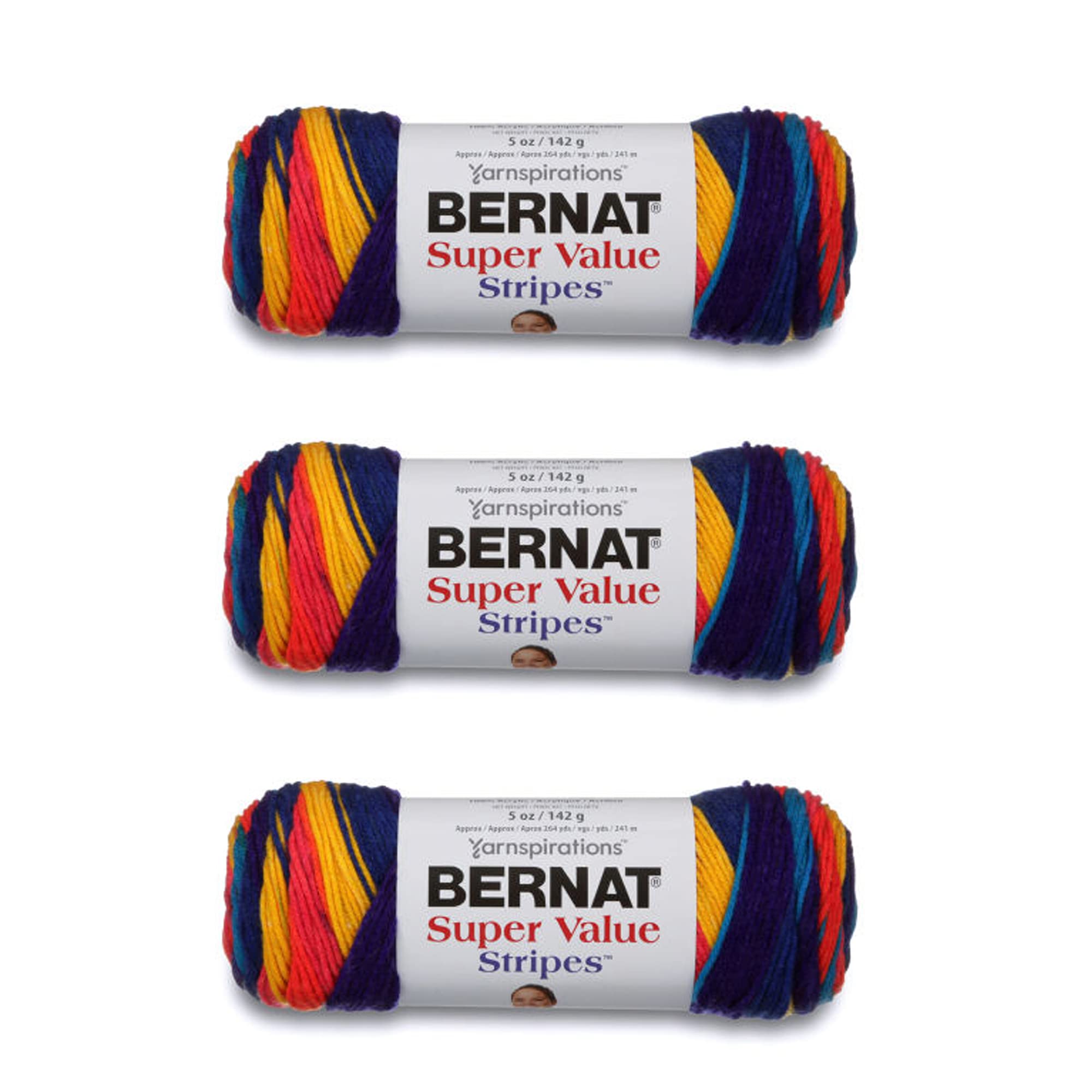 Bernat Super Value Yarn 3-Pack - Candy Store Stripes Multicolor Knitting & Crochet Yarn for Scarves, Blankets, and DIY Crafts (3 Count)
