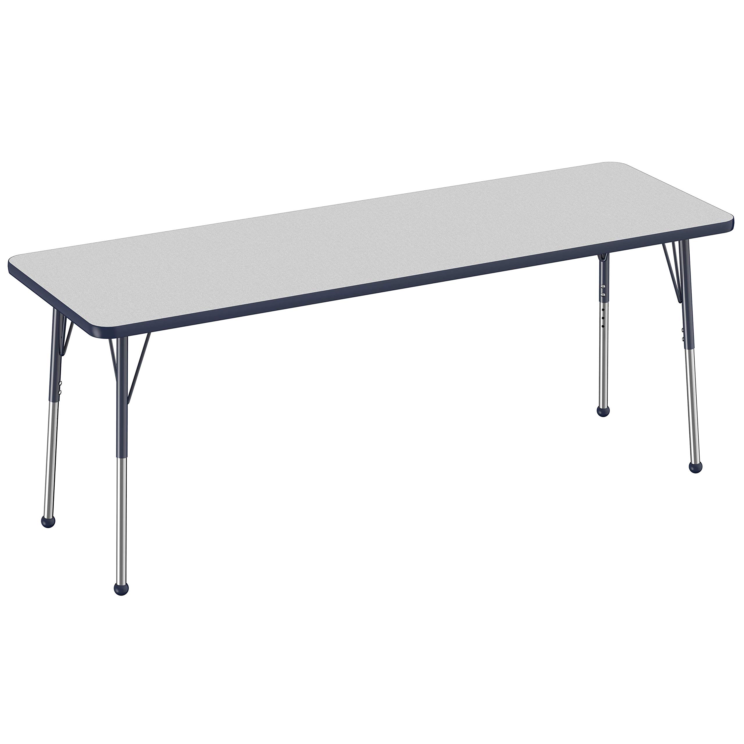 Adjustable Height Rectangle Activity Table 24x72 Inches - School & Office Desk with Ball Glides (19-30 Inch Height Range), Gray Top Navy Edge - Perfect for Classrooms, Study Rooms & Workspaces