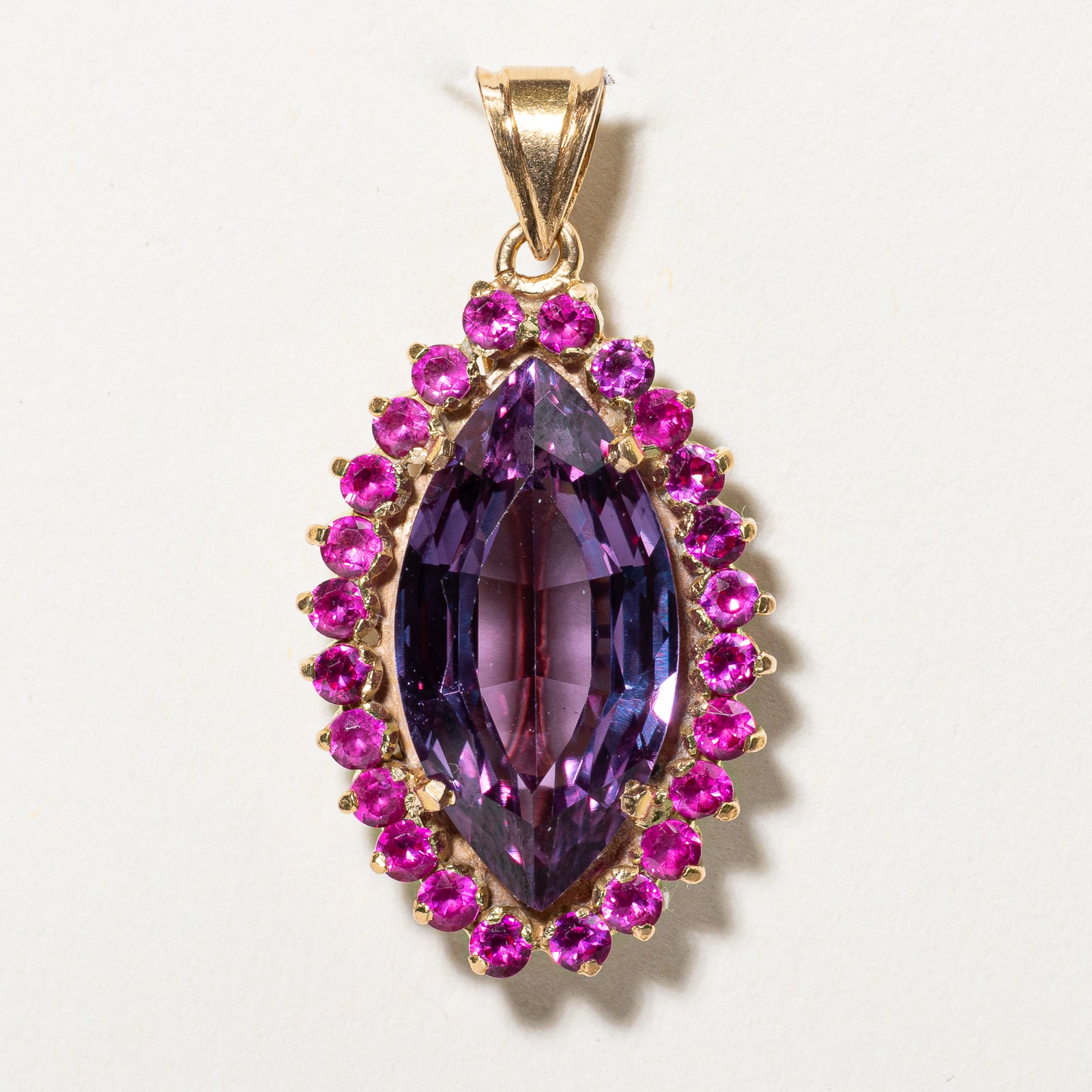Color Changing Synthetic Purple Sapphire & Ruby Halo Pendant Necklace - 7.50ct Center Stone with 0.48ctw Diamond Accents | Elegant Jewelry Gift for Women, Perfect for Weddings, Anniversaries & Special Occasions