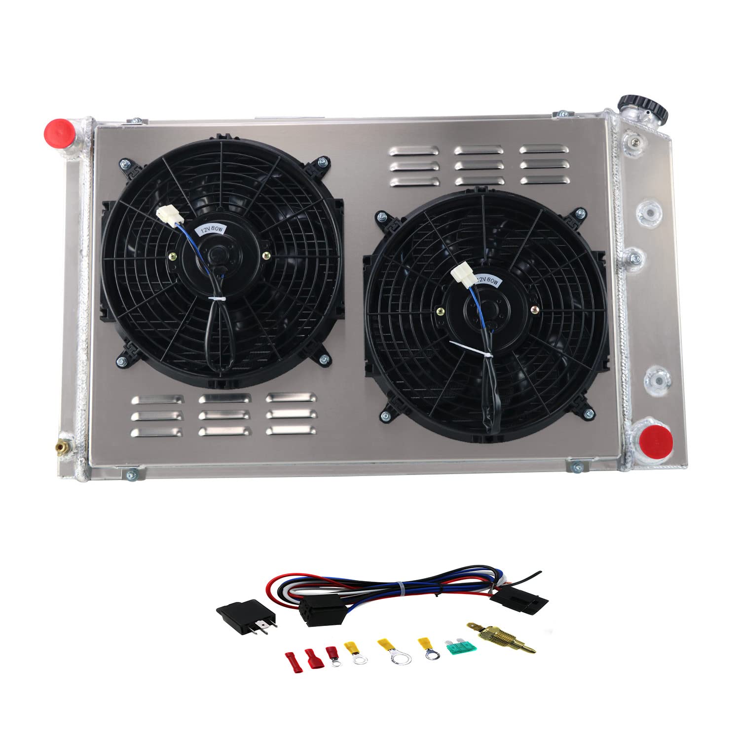 High-Performance 3 Row Aluminum Radiator with Fan Shroud & Relay Kit - Compatible with 1973-1980 Chevy/GMC C/K 10 20 30 Pickup Suburban, 1970-1981 Camaro, 1978-1987 Monte Carlo, 1978-1988 Cutlass Supreme & More - Perfect for Engine Cooling & Restoration Projects