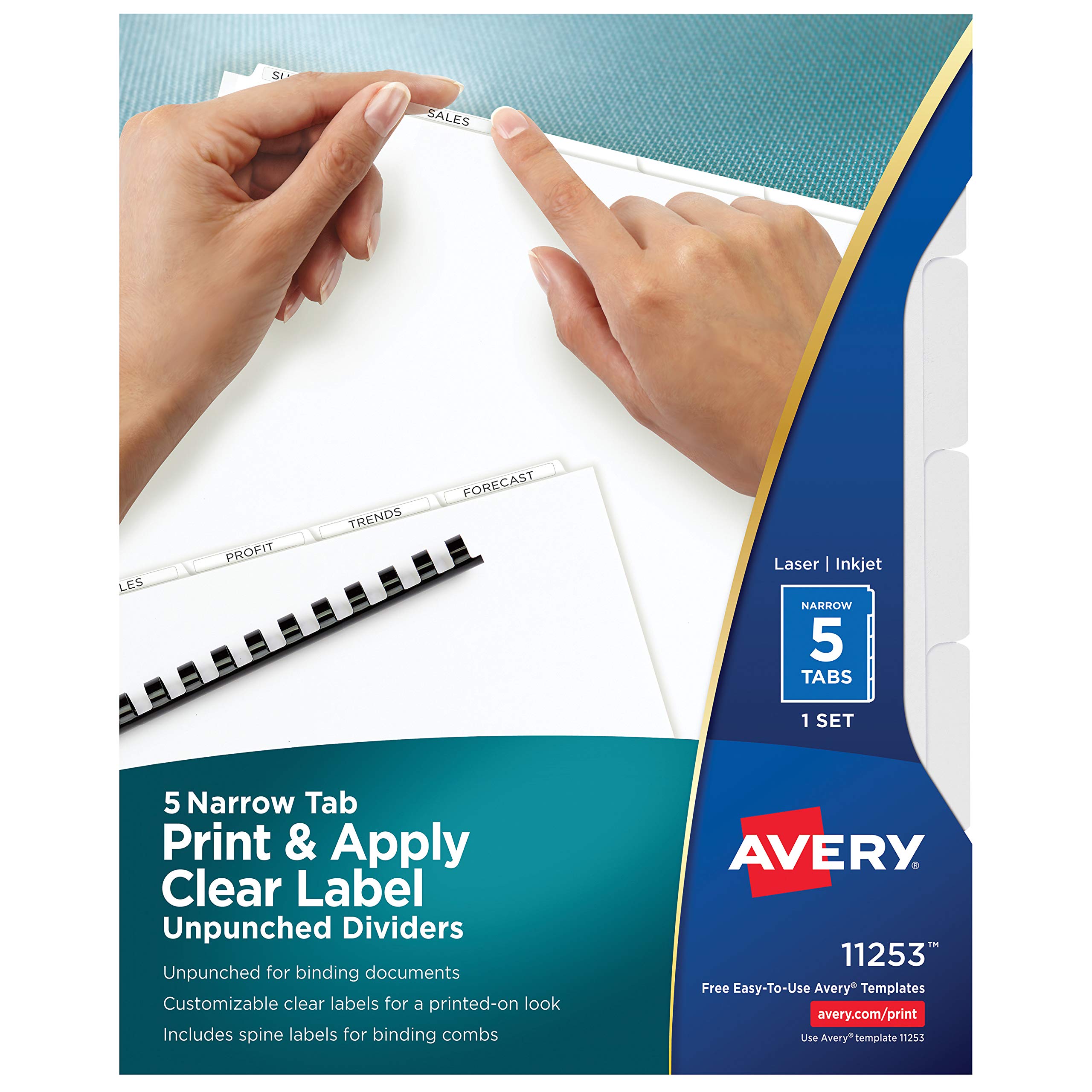 Avery 5-Tab Unpunched Dividers with Clear Labels - Easy Print & Apply, Index Maker, White Tabs, 1 Set (11253) - Perfect for Office Organization, Filing Systems, and Document Management