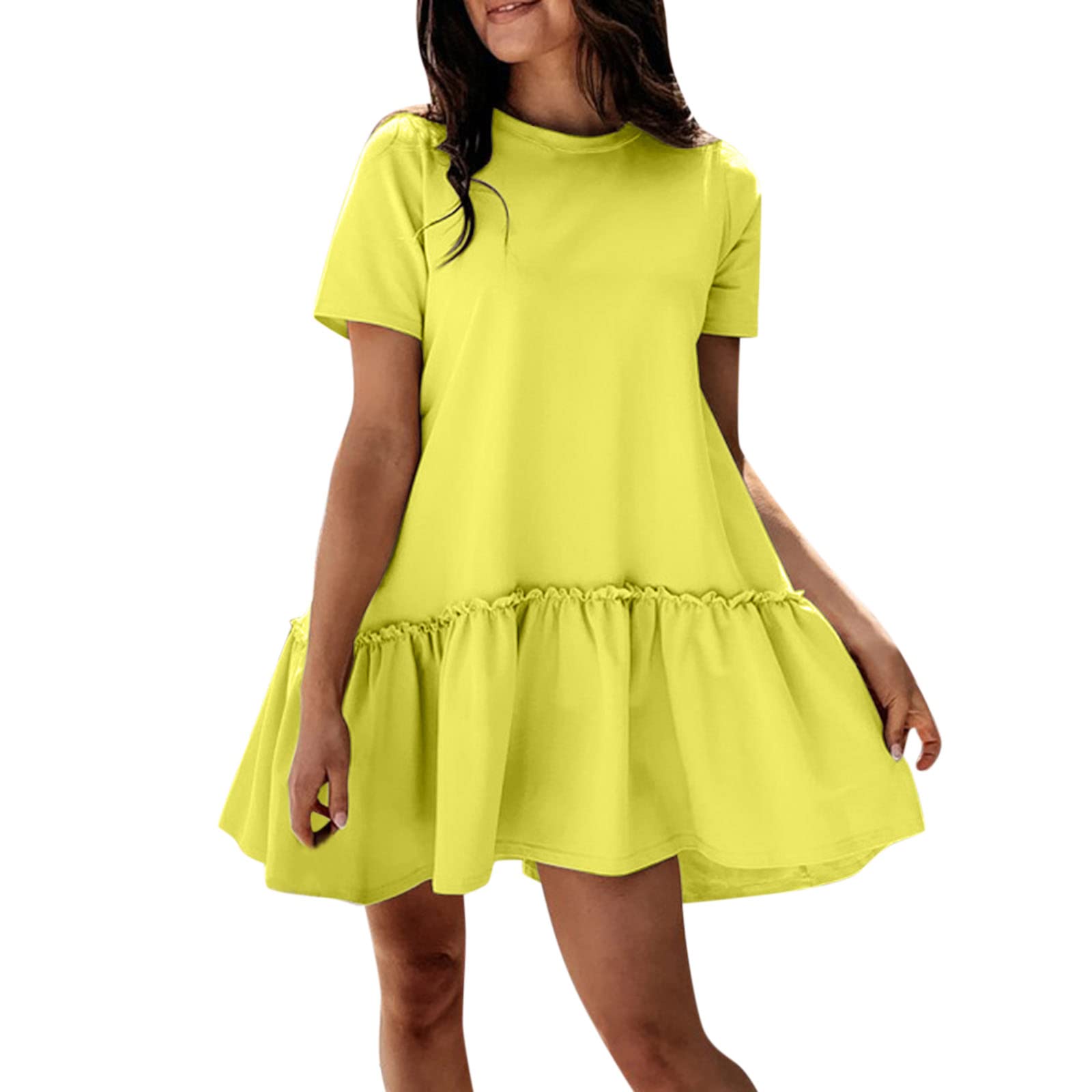 Women's Summer Casual Dress - Solid Color Loose Round Neck Ruffle Dress for Women | Sexy Flowy Beach Dress for Vacation, Date Night & Outdoor Activities