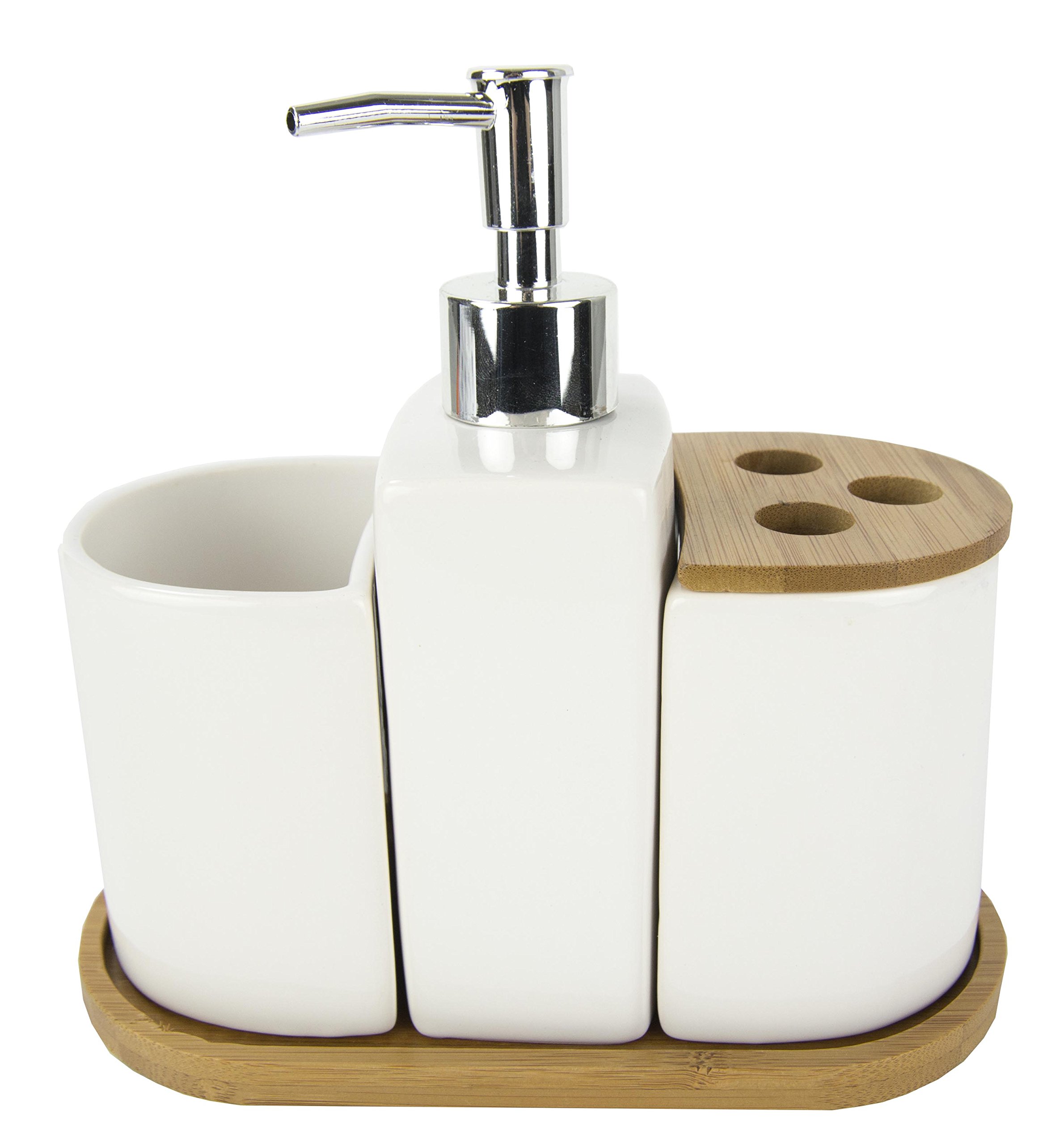 Home Basics 4-Piece Ceramic Bamboo Bathroom Set in White - Perfect for Modern Bathrooms, Spa-Like Showers & Guest Bathroom Decor
