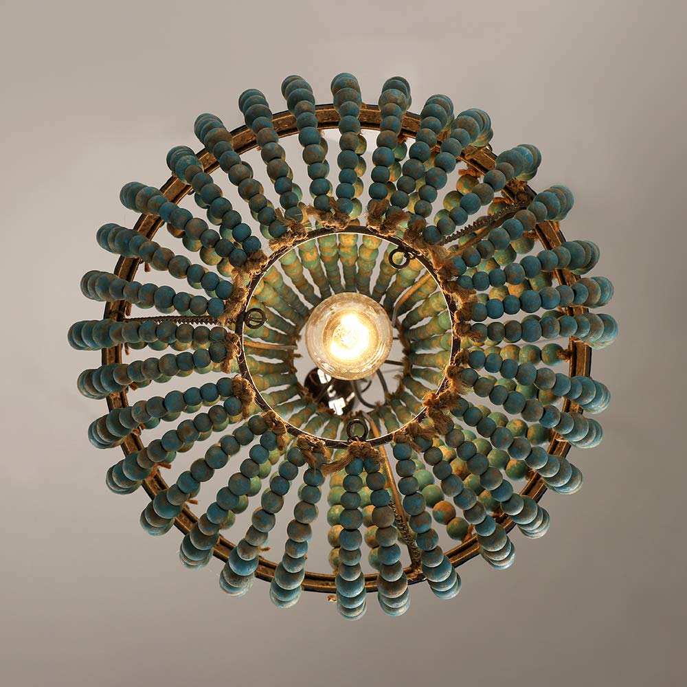 Bohemian Blue Wood Bead Chandelier Pendant Light - Handcrafted Wooden Bead Ceiling Lamp with Plug-in Cord for Bedroom, Island, Dining Room - Perfect for Coastal, Beach House & Boho Home Decor