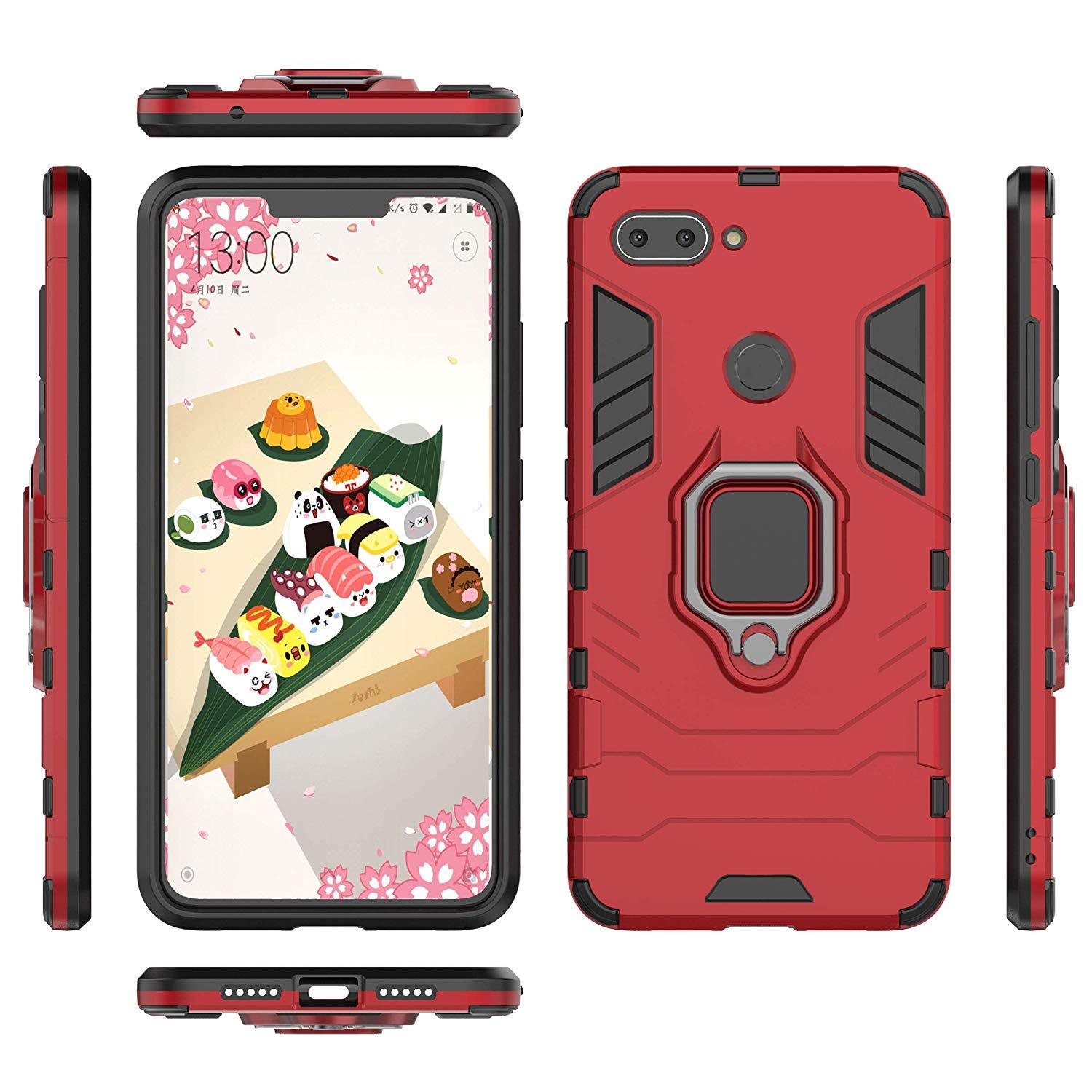 Shockproof Hard Bumper Case for Xiaomi Mi 8 Lite with Metal Ring Grip & Kickstand - Compatible with Magnetic Car Mount, Dual Layer Rugged Cover (Red) - Perfect for Daily Use, Travel, and Hands-Free Viewing