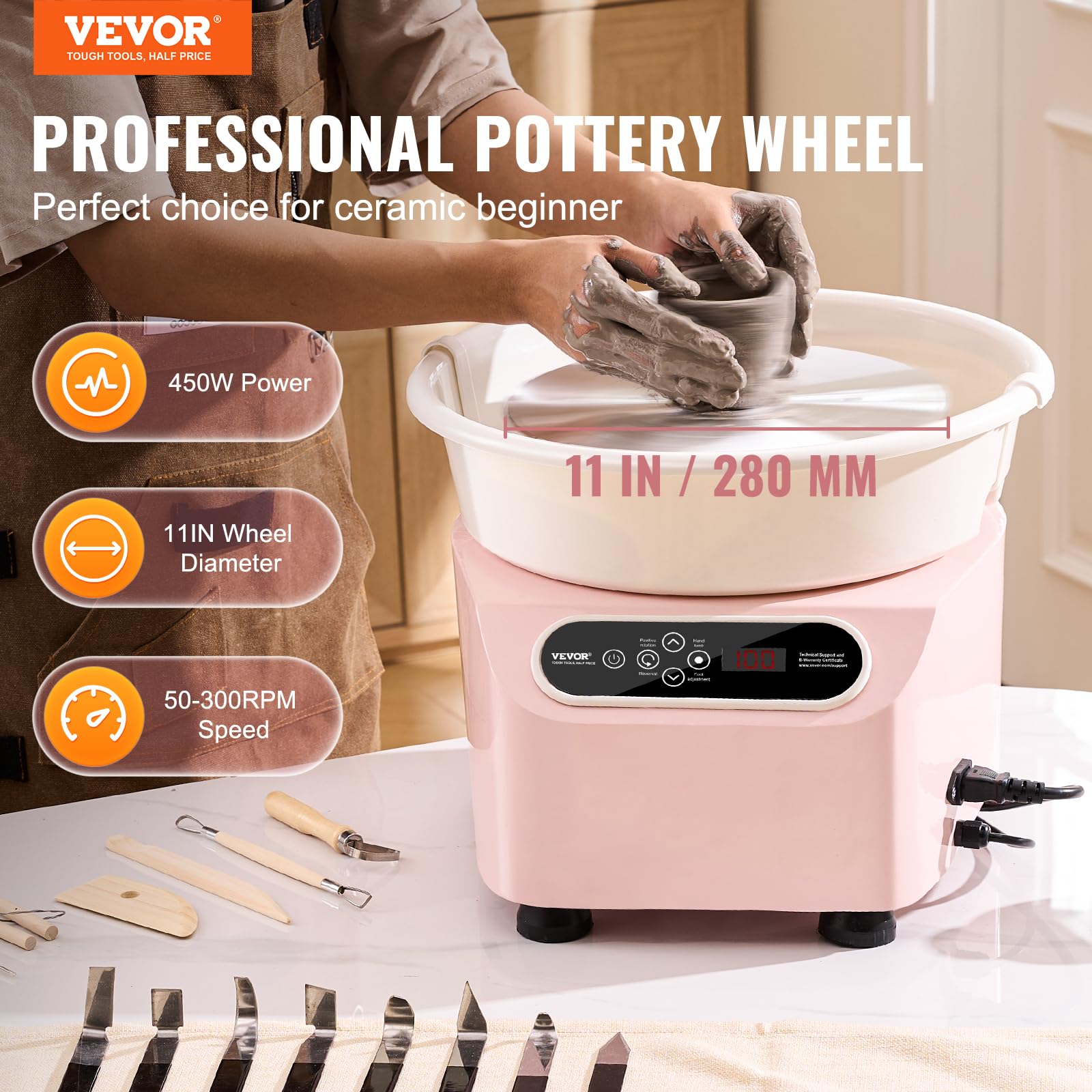VEVOR 11 Inch Electric Pottery Wheel - 450W Ceramic Shaping Machine with Foot Pedal & LCD Touch Screen for DIY Clay Art, Ceramics, and Home Decor Projects - Pink Forming Tool for Artists and Crafters