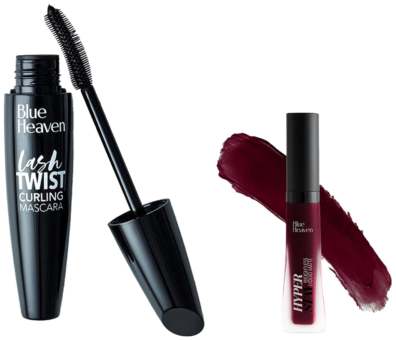 Blue Heaven Lash Twist Volumizing Mascara in Black (12ml) & Hyperstay Weightless Matte Liquid Lipstick in Mystic Maroon-05 (6ml) - Long Lasting Makeup Combo for Day to Night Looks