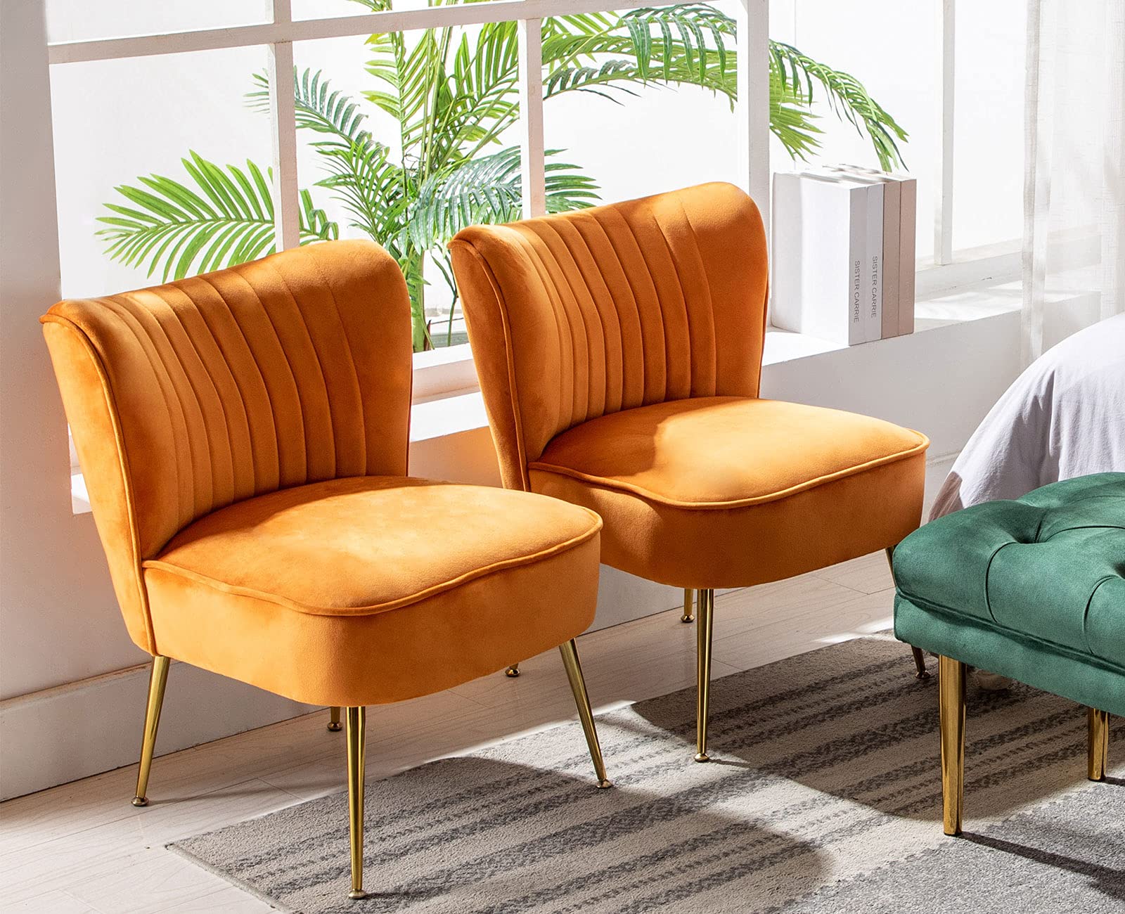 Velvet Accent Chairs Set of 2 - Mid-Century Modern Upholstered Side Chairs with Golden Legs, Comfy Armless Wingback Slipper Chairs for Living Room, Guest Room & Bedroom - Stylish Orange Home Decor for Cozy Seating & Lounge Areas
