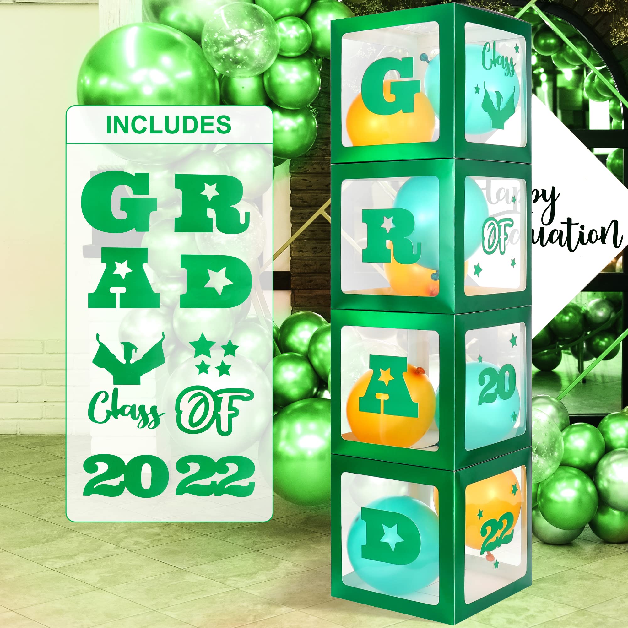 Green Graduation Balloon Box Decorations - 4-Piece Set for Grad Party, College Graduation Decor | Congrats Grad Boxes & White Balloon Boxes | Perfect for Graduation Ceremony, Party Backdrops & Photo Props