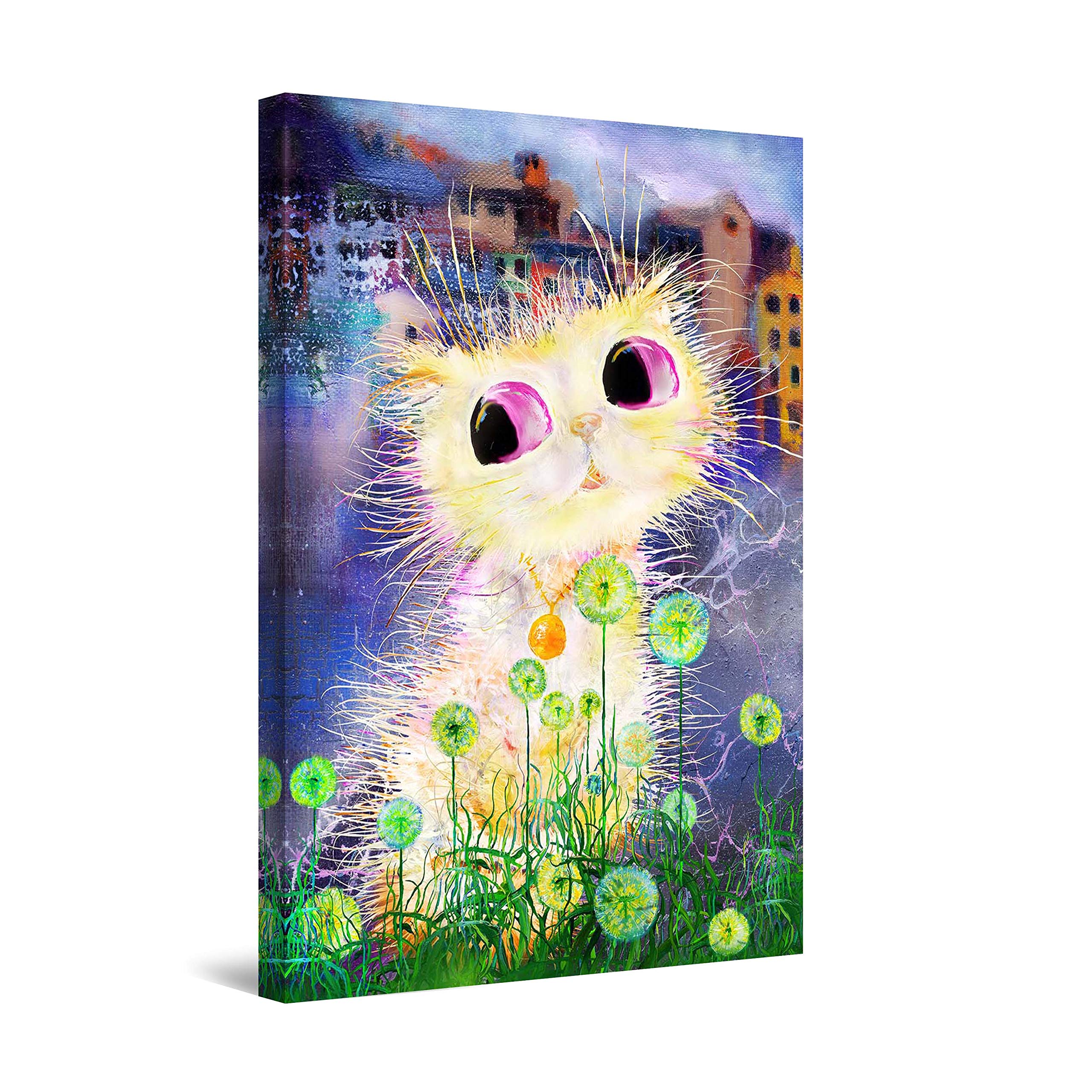Startonight Abstract Cat Canvas Wall Art - Cute White Funny Cat Painting for Kids Room Decor - Large Framed 32
