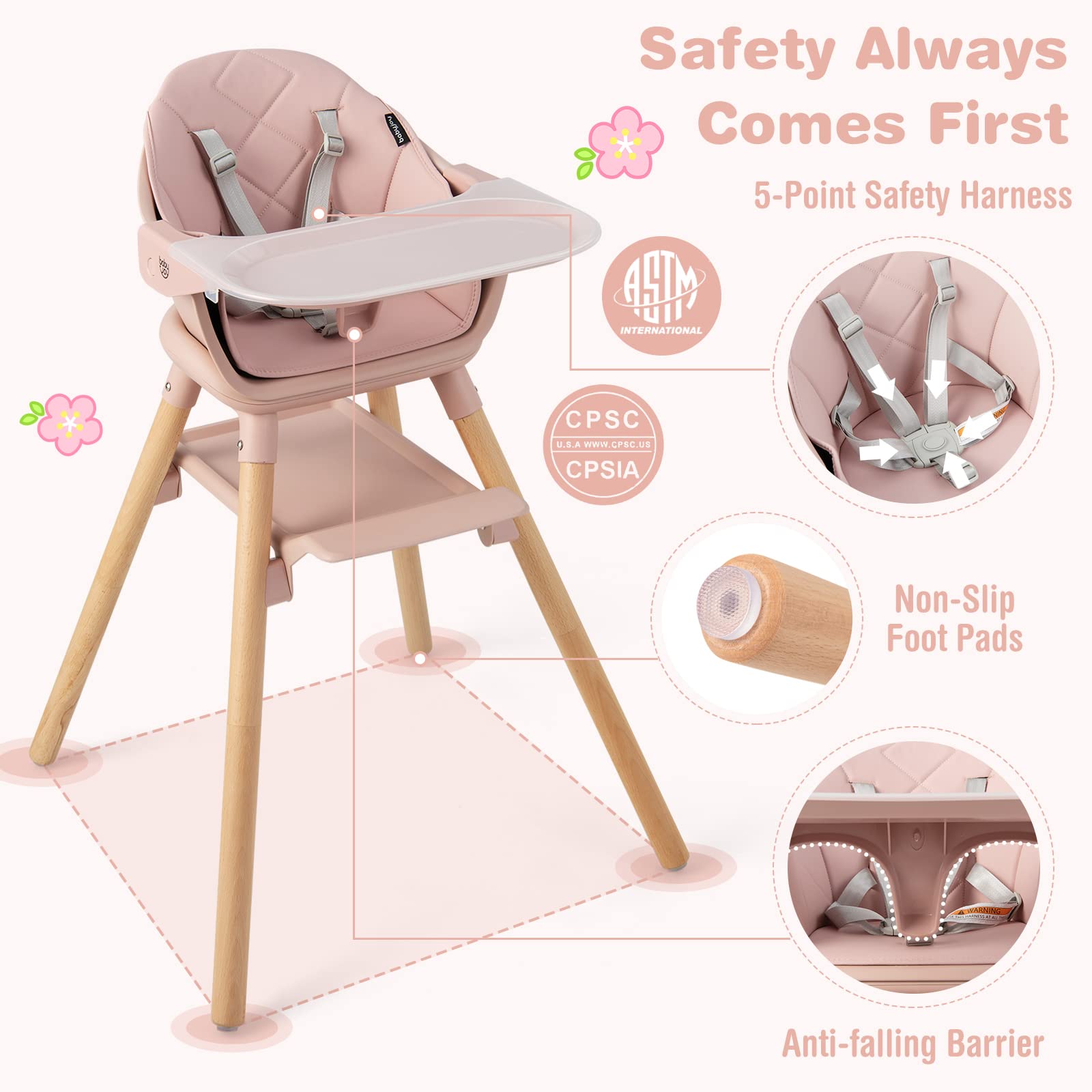 BABY JOY 6-in-1 Convertible Wooden High Chair for Babies & Toddlers - Adjustable Height, Removable Dual Trays, Safety Harness & Waterproof PU Cushion (Pink) - Perfect for Dining, Feeding & Playtime at Home or Restaurant