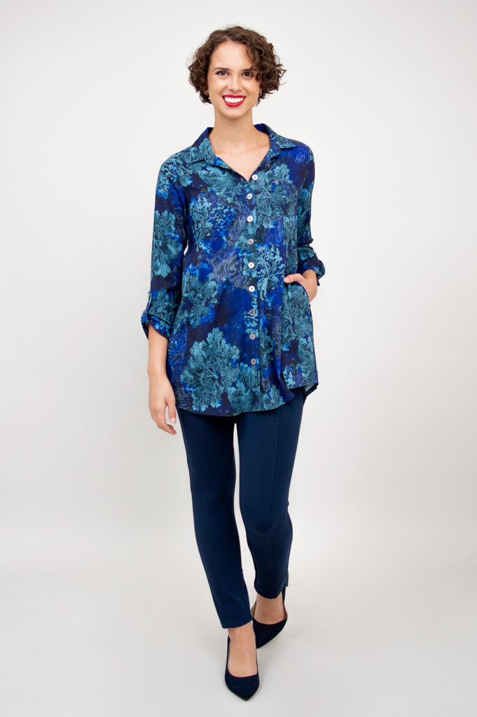 Celine Blouse - Arbre Print Linen Bamboo Blend Women's Top for Casual Wear & Summer Outfits