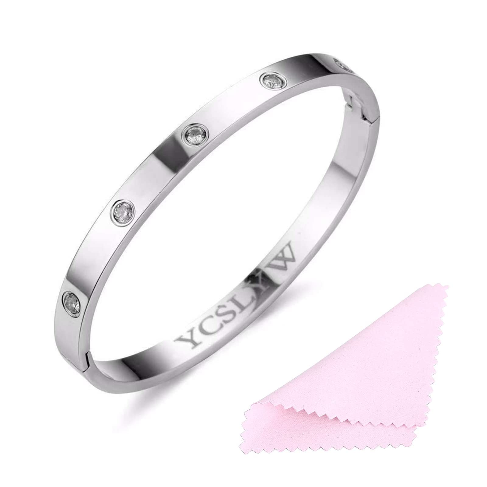 YCSLYW Women's Stainless Steel Bracelet with Cubic Zirconia - Elegant Oval Bangle Jewelry for Anniversary, Valentine's Day & Special Occasions | Perfect Gift for Her