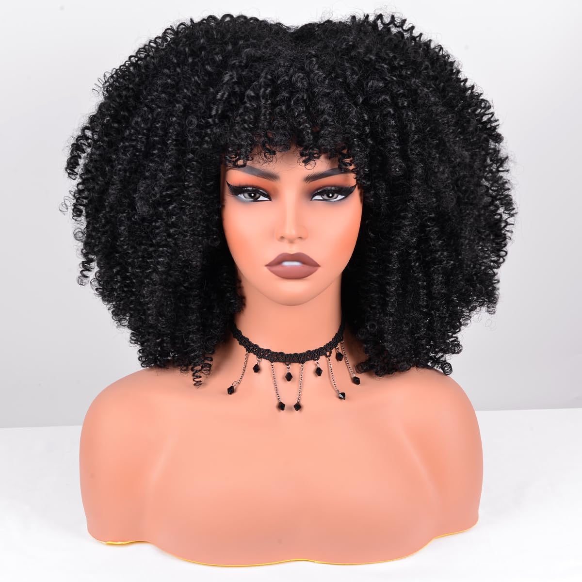 12 Inch Afro Curly Wig with Bangs - Heat Resistant Synthetic Kinky Curly Wig for Women (280g) - Perfect for Daily Wear & Party Hairstyles - Black Short Afro Wig for Natural Look & Special Occasions