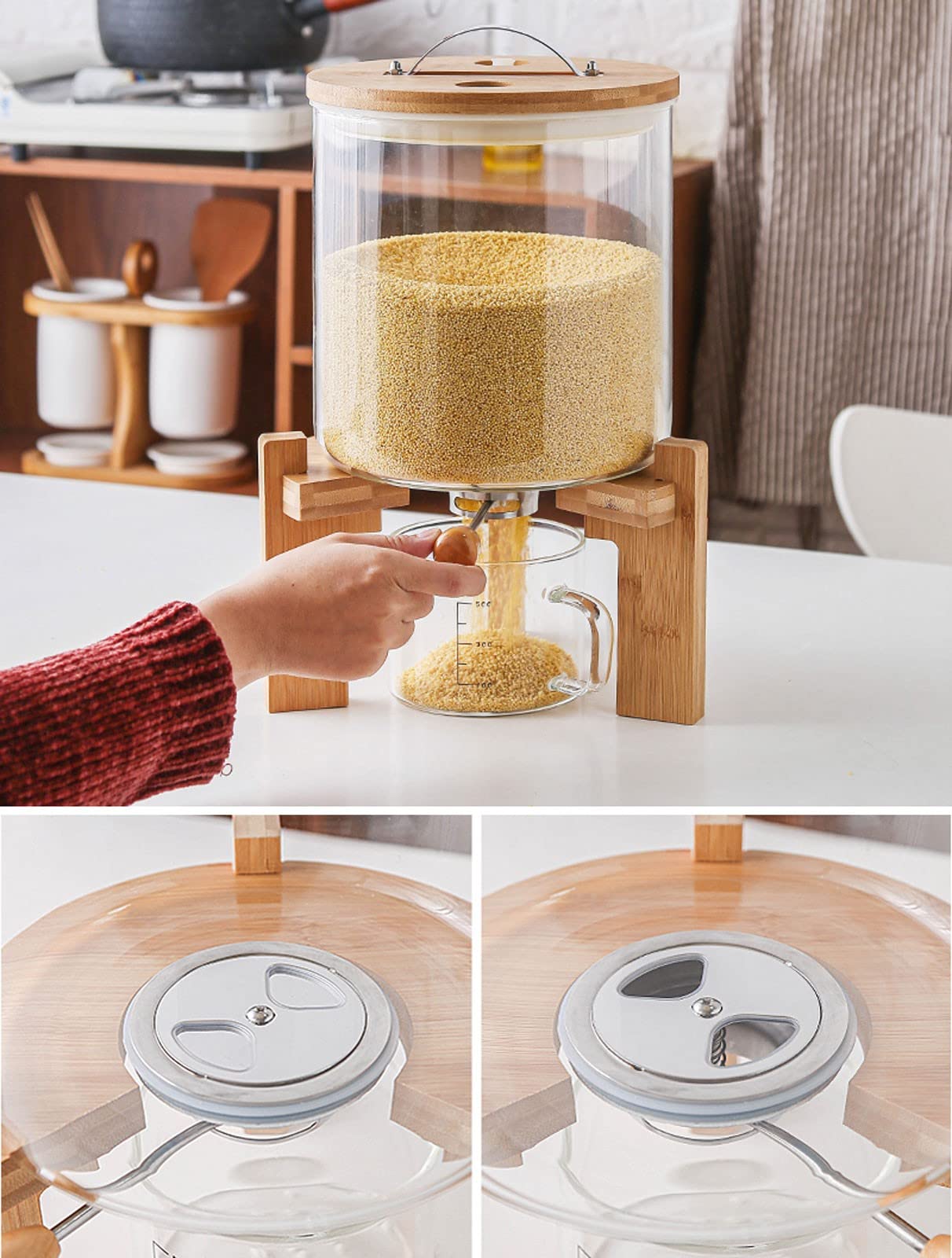 5L/8L Airtight Rice & Cereal Dispenser with Measuring Cup - Borosilicate Glass Countertop Storage Container for Kitchen, Dustproof & Moisture-Proof - Perfect for Pantry Organization & Bulk Food Storage