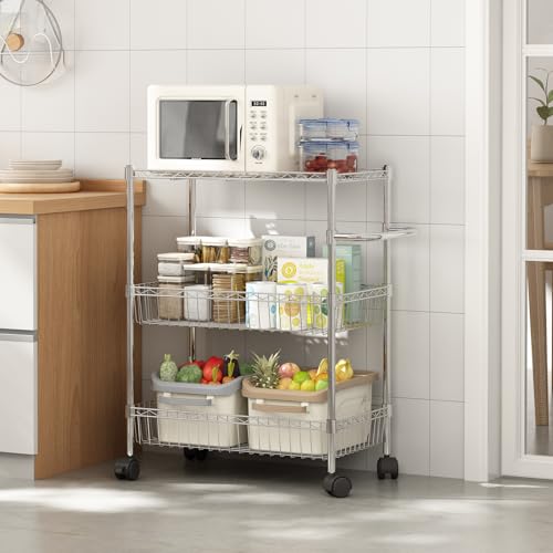GARVEE 3-Tier Rolling Cart - Metal Kitchen Utility Cart with Wheels & Wire Baskets, Mobile Storage Organizer with Handles for Kitchen, Bathroom, Office & Laundry - Chrome Finish | Perfect for Snack Storage, Bathroom Supplies & Home Organization