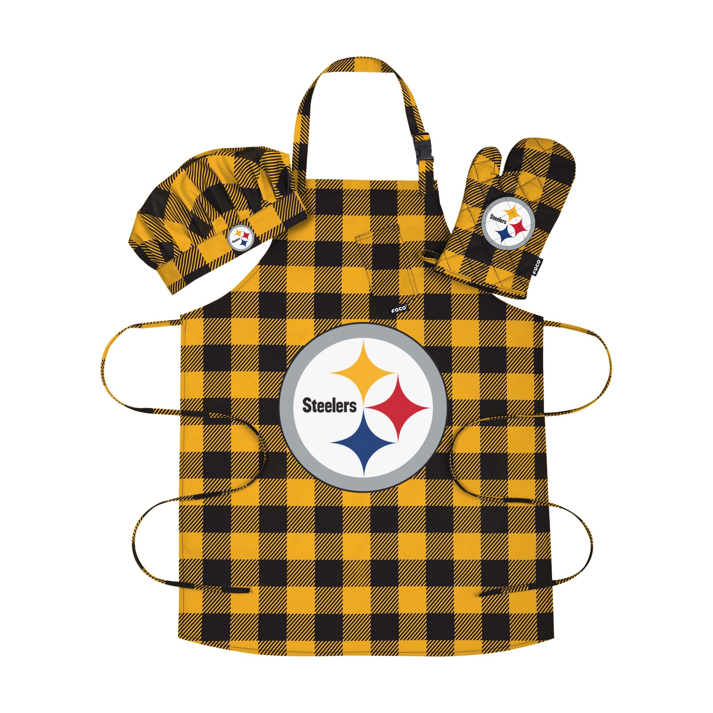 FOCO NFL Plaid Apron with Chef Hat & Oven Mitt 3-Piece Cooking Set - Perfect for Game Day Tailgating, BBQ Parties & Home Kitchen Use