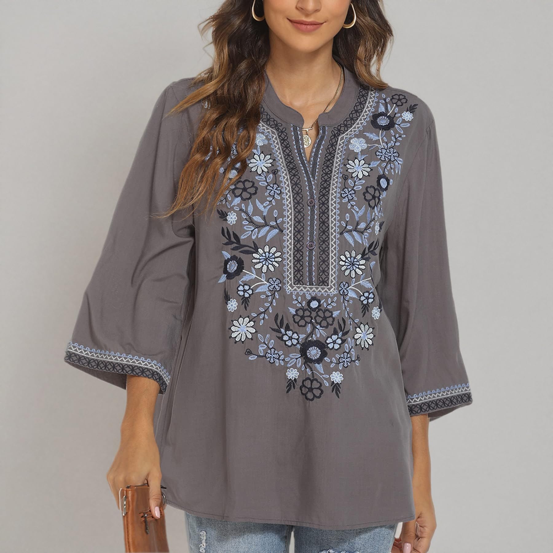 LauraKlein Women's Mexican Embroidered V-Neck 3/4 Sleeve Peasant Blouse - Casual Loose Summer Tunic Top for Women | Perfect for Beach Vacations, Boho Festivals & Everyday Wear