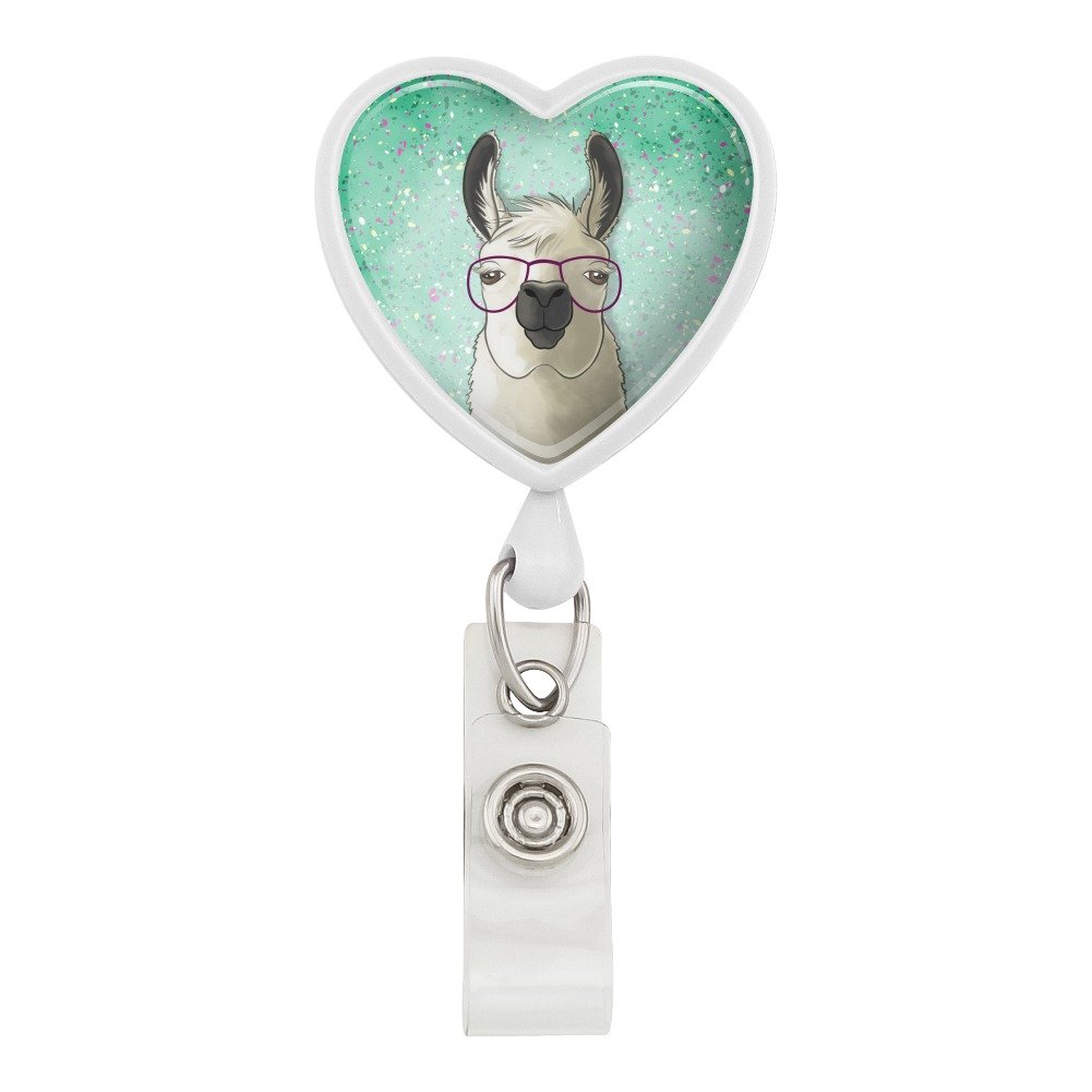 Retractable ID Badge Holder with Hip Llama & Glasses Design - White | Perfect for Work, School, Conventions & Events