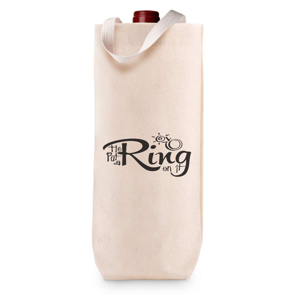 Custom Cotton Wine Gift Bag - Funny 'He Put A Ring On It' Design - Novelty Housewarming & Party Accessories - Natural Canvas Tote for Engagements, Weddings & Celebrations