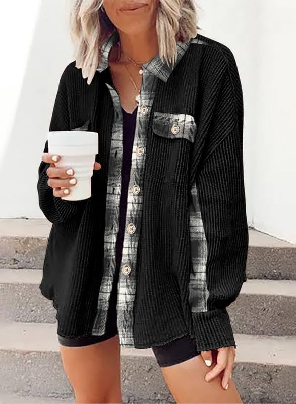 SHEWIN Women's Waffle Knit Plaid Shacket - Oversized Boyfriend Button Down Shirt Jacket with Long Sleeves | Casual Fall & Winter Layering Top for Outfits, Streetwear & Cozy Loungewear