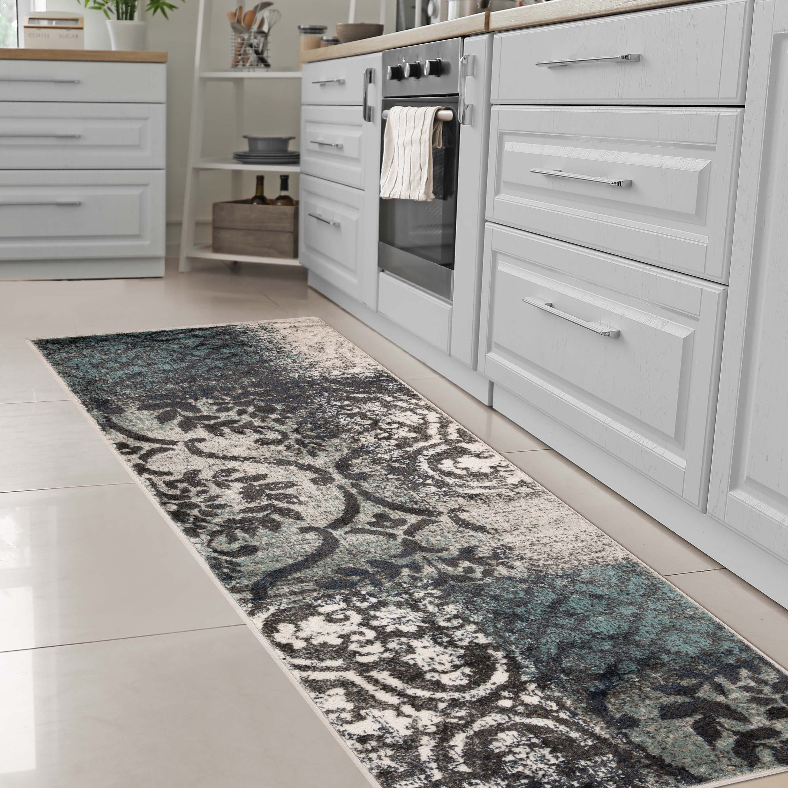Bristol Distressed Abstract Damask Indoor Area Rug - Non-Slip Living Room Carpet Runner for Bedroom, Hallway & Entryway Decor