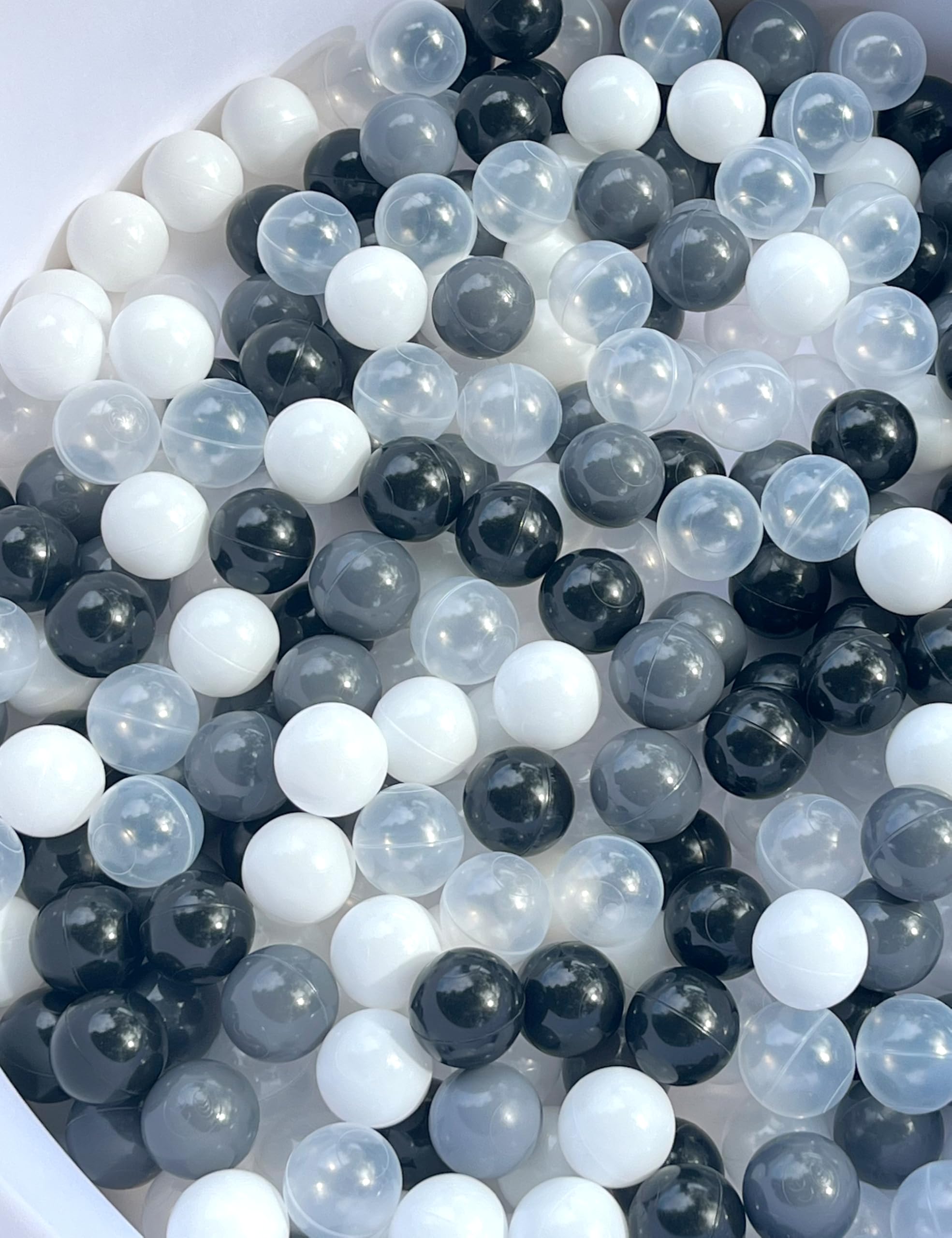 100 Phthalate-Free & BPA-Free Crush-Proof 2.16 Inch Multicolor Plastic Ball Pit Balls for Babies & Toddlers - Safe Playroom, Sensory Play, Birthday Gift (Black, White, Dark Gray, Clear)
