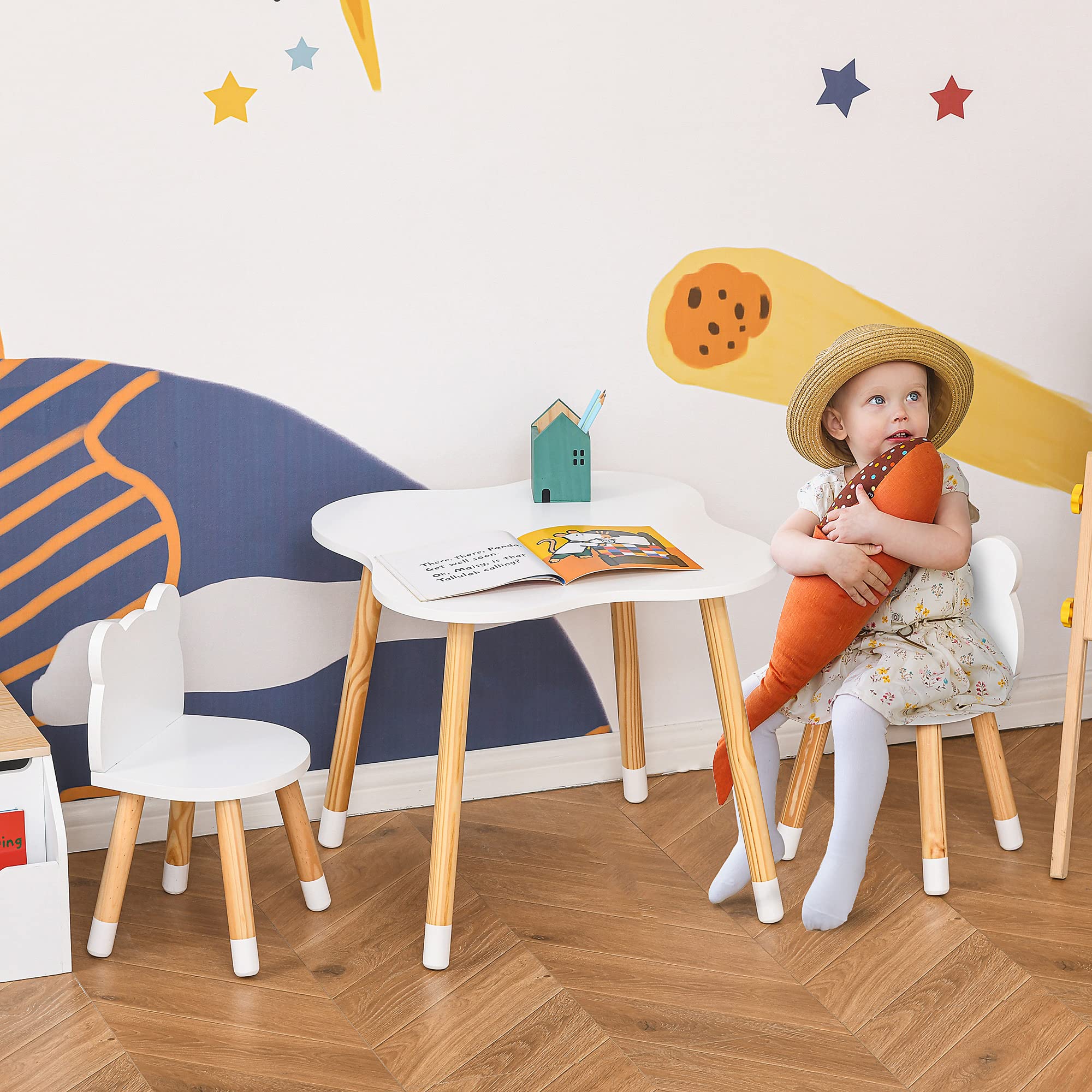 Qaba Kids Wooden Table and 2 Chairs Set - 3-Piece Children's Dining Table with Cute Bear Design & Rounded Corners for Toddlers Ages 1-4 - Perfect for Reading, Drawing, Playing & Learning Activities in Nursery, Playroom or Bedroom