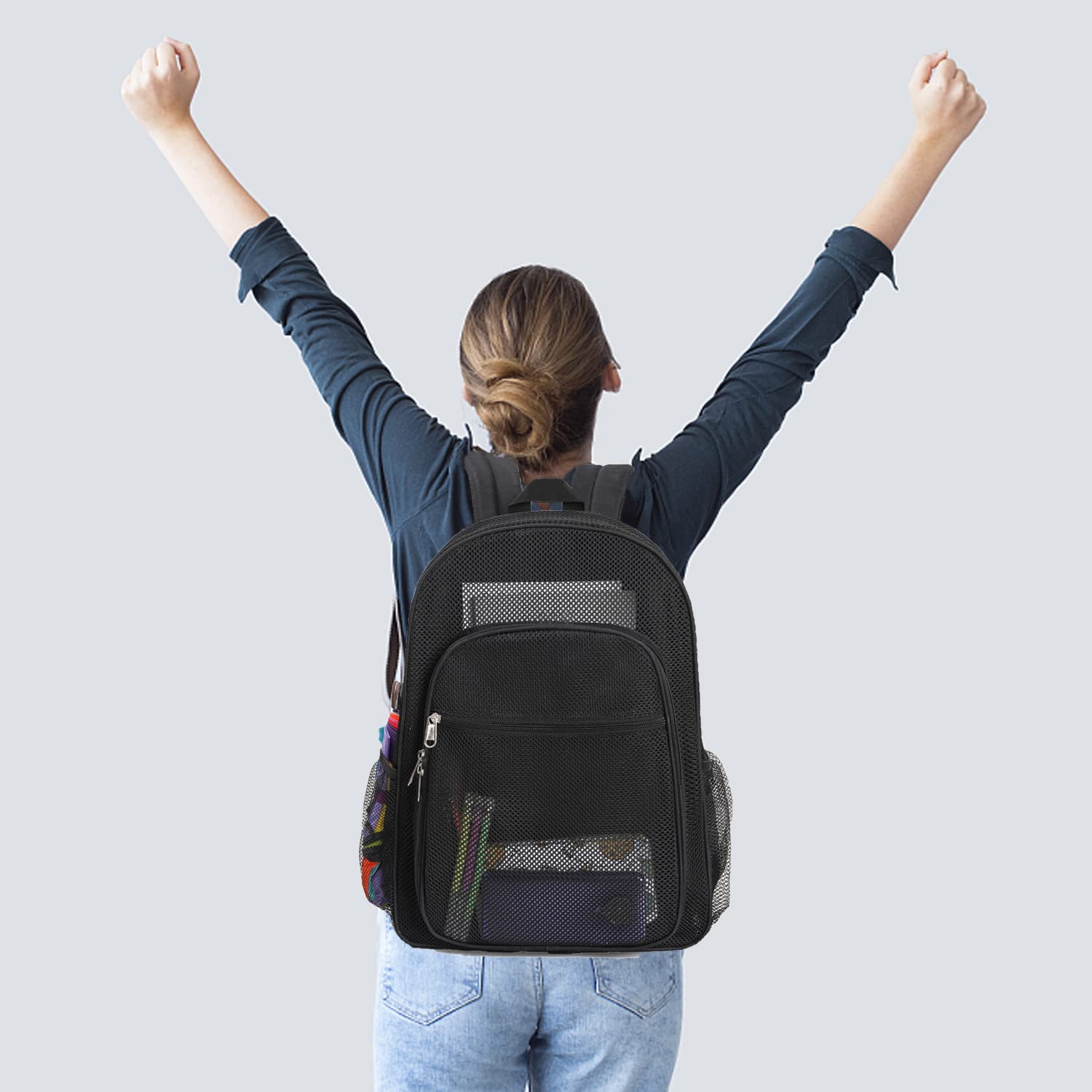 Transparent Mesh Backpack - Heavy Duty See Through Bookbag for School, Gym, Travel & Outdoor Activities | Water-Resistant Net Backpack for Swimming, Beach & Sports (Black)
