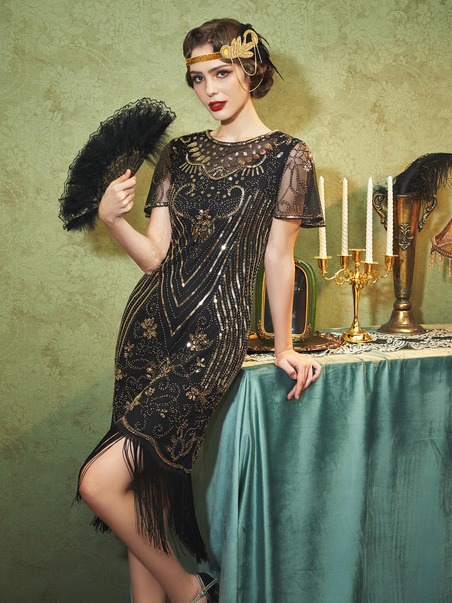 Vintage 1920s Flapper Dresses for Women - Roaring 20s Great Gatsby Style Sleeve Dress with Crew Neck | Perfect for Harlem Nights, Gatsby Parties & 1920s Themed Events