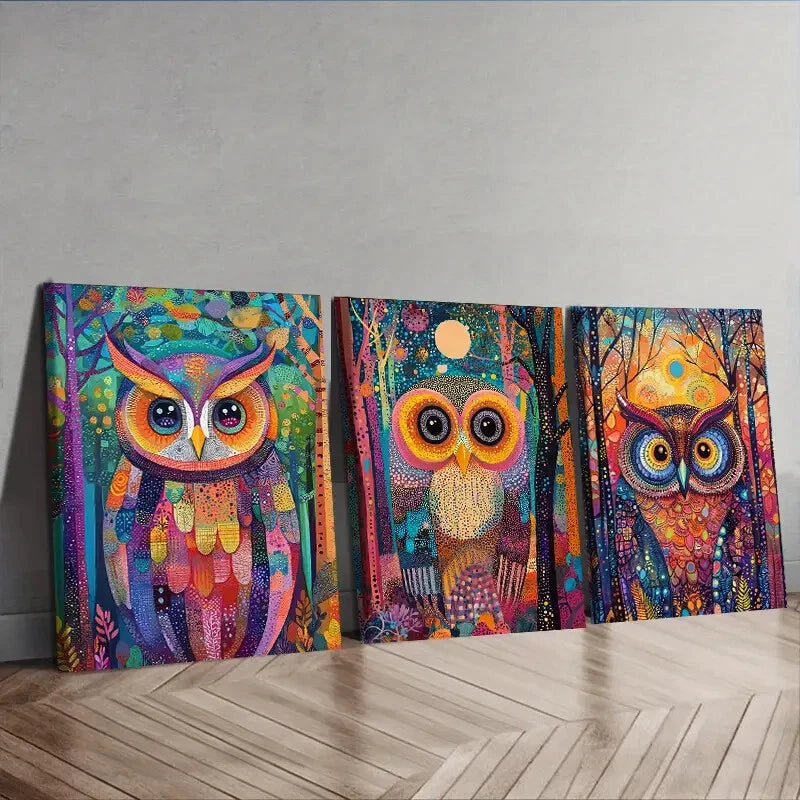 3-Piece Psychedelic Owl Wall Art Set - Framed Canvas Prints 40x60cm (16x24 inches) - High Quality Australian Made Ready-to-Hang Decor for Living Room, Bedroom & Office