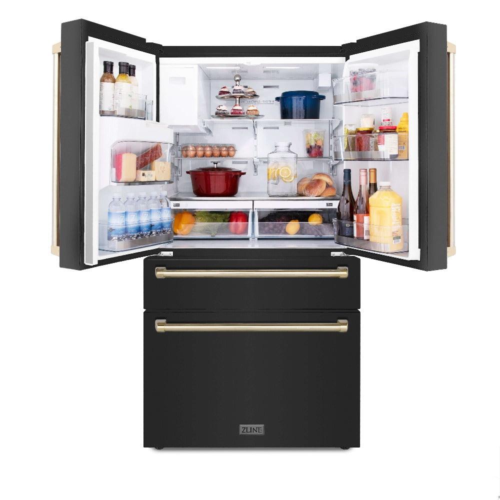 ZLINE Autograph Edition 30-inch Black Stainless Steel Kitchen Package - Dual Fuel Range, Range Hood, Dishwasher & Refrigerator with External Water Dispenser & Polished Gold Accents (4AKPR RABRHDWV30 G) | Premium Luxury Kitchen Appliances for Modern Homes & Gourmet Cooking
