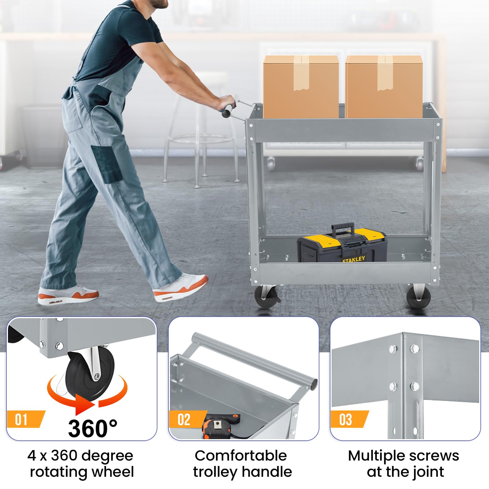 GARVEE 2 Tier Heavy Duty Rolling Tool Cart - 330 Lbs Capacity Steel Utility Cart with Wheels, 2 Shelf Metal Storage Organizer for Mechanics, Garage, Workshop, Warehouse & Auto Repair | Perfect for Tool Organization, Mobile Workstations & Industrial Workspaces