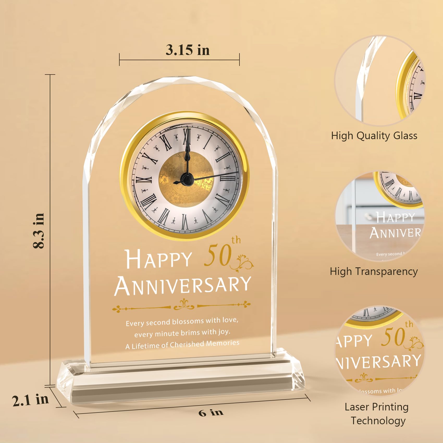 50th Wedding Anniversary Crystal Clock Gift for Couples - Elegant Quartz Timepiece for Husband, Wife & Parents - Perfect 50 Year Anniversary Decor for Home, Office & Special Occasions